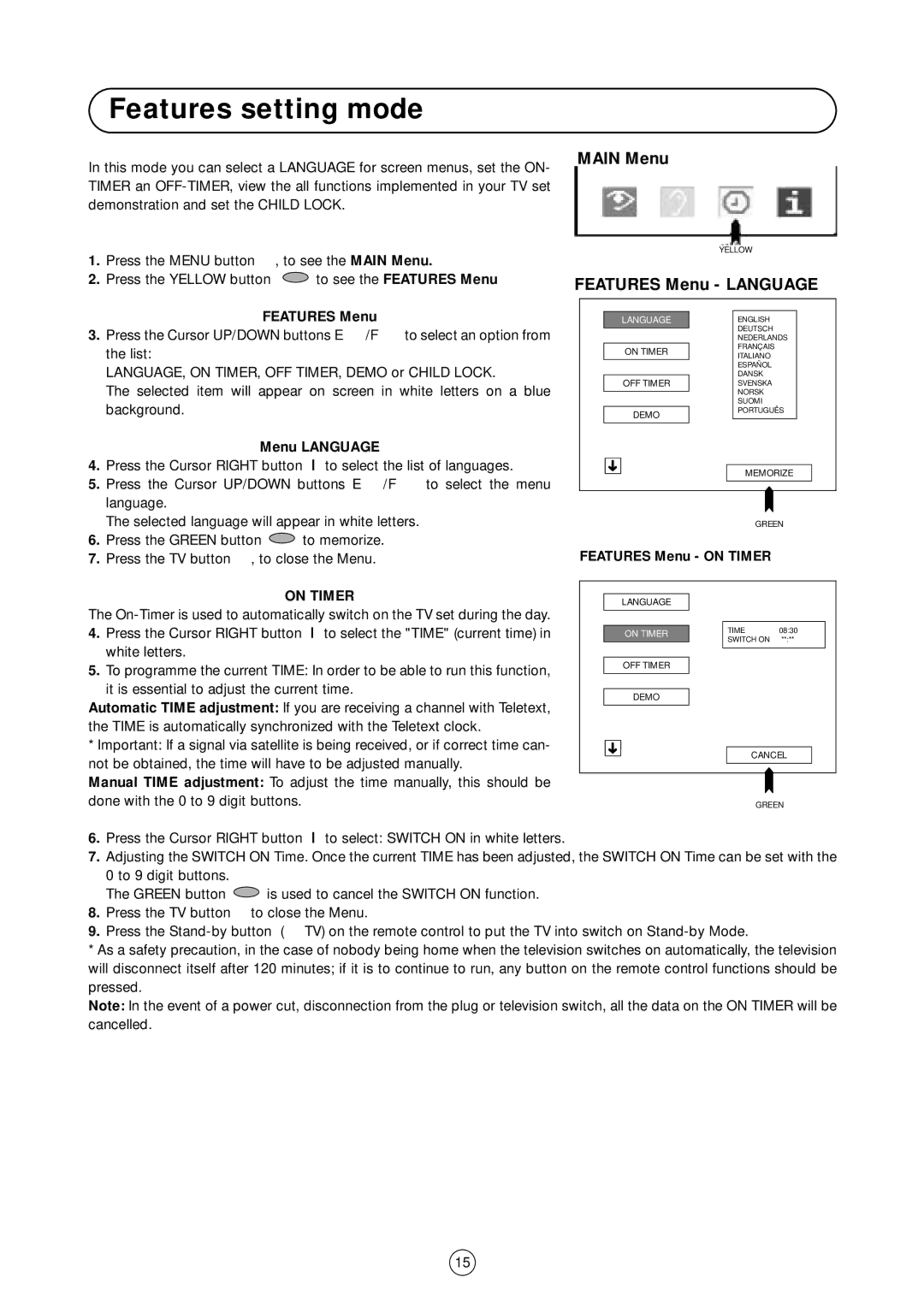 Sharp 54GS-61S operation manual Features setting mode, Main Menu, Features Menu Language, On Timer 