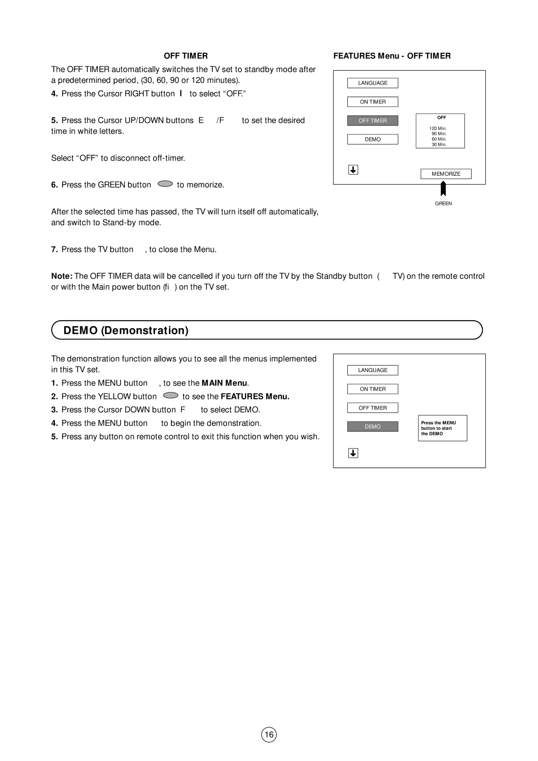 Sharp 54GS-61S operation manual Demo Demonstration, Features Menu OFF Timer 