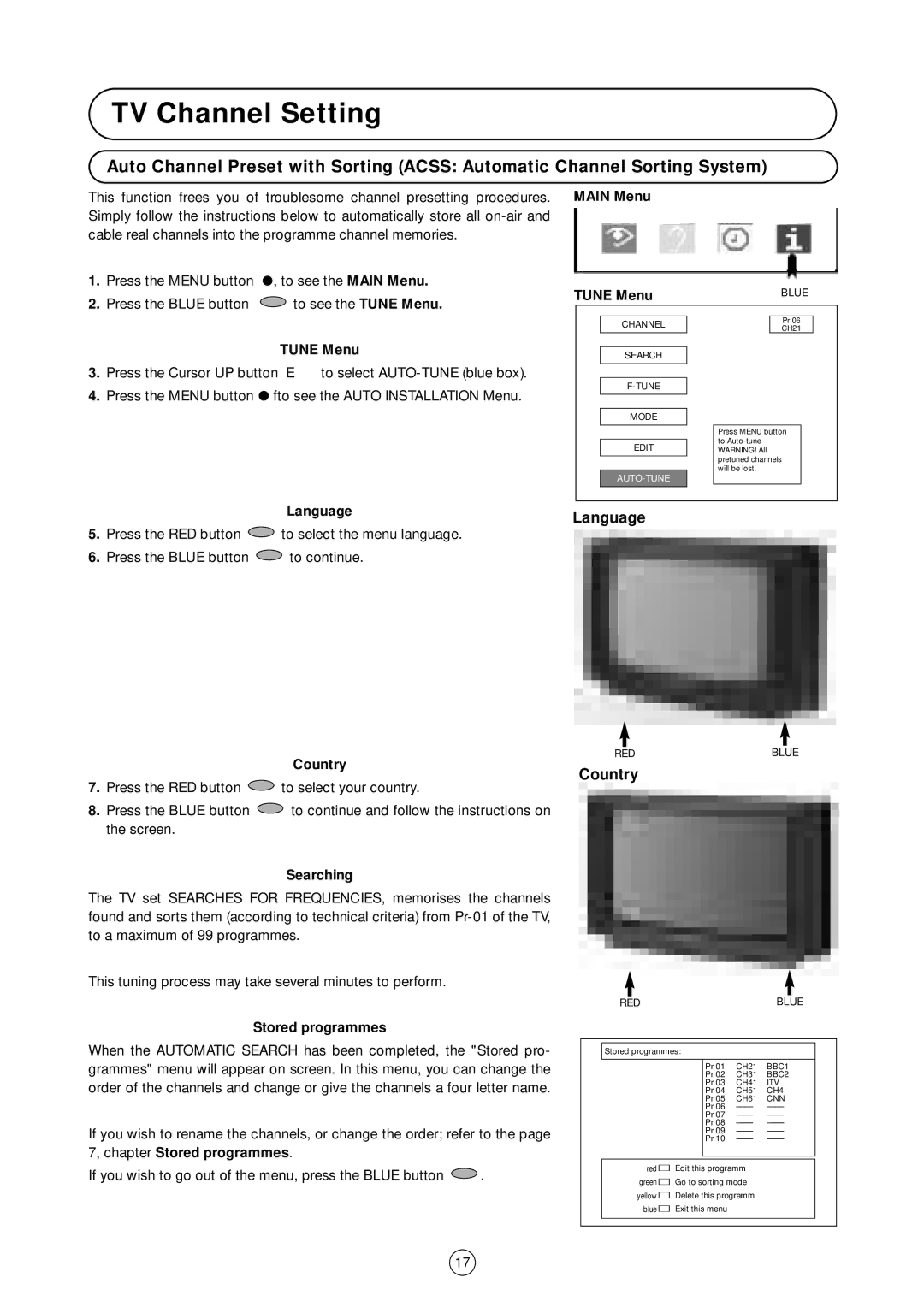 Sharp 54GS-61S operation manual TV Channel Setting, Tune Menu, Country 