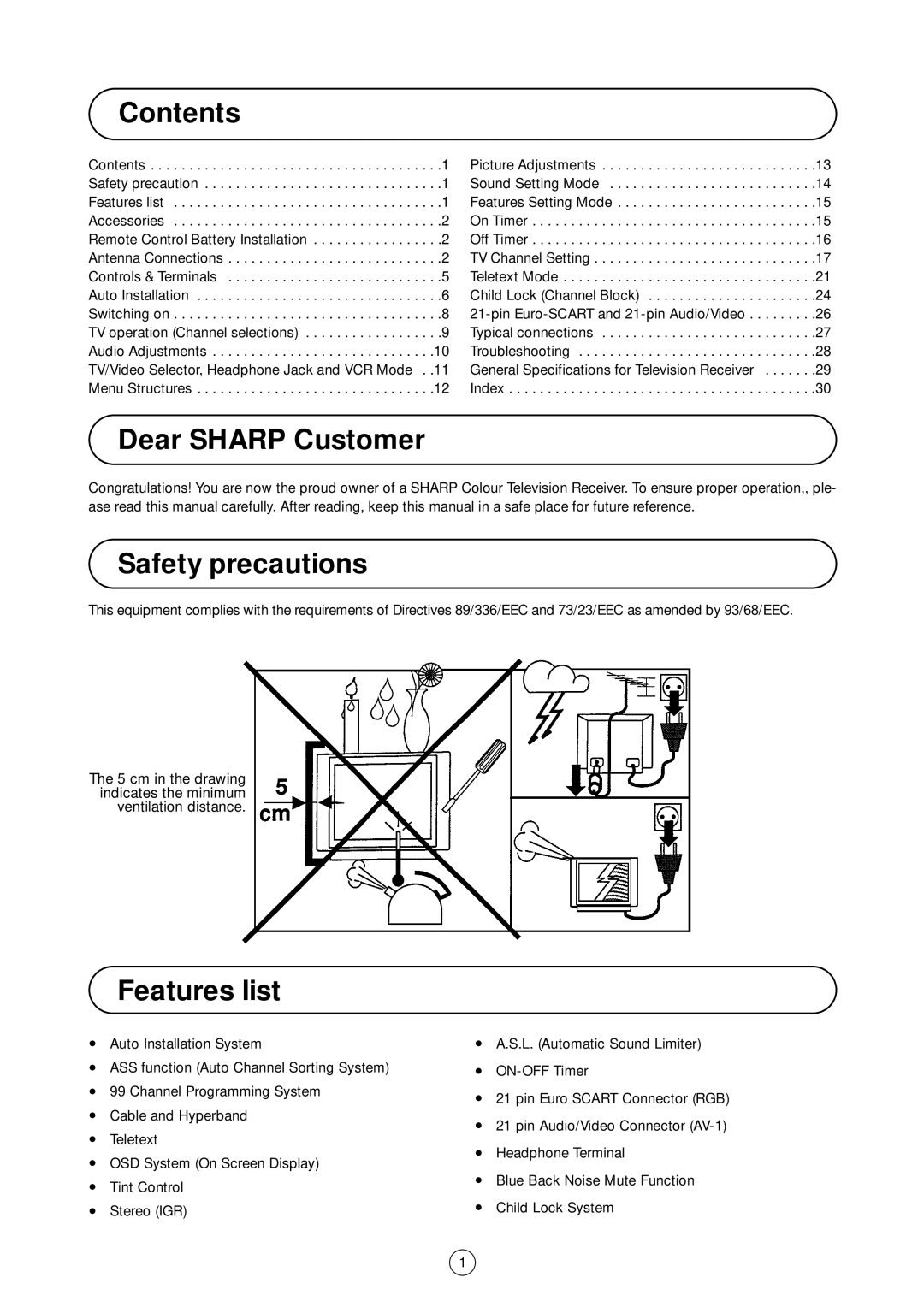 Sharp 54GS-61S operation manual Contents, Dear Sharp Customer, Safety precautions, Features list 