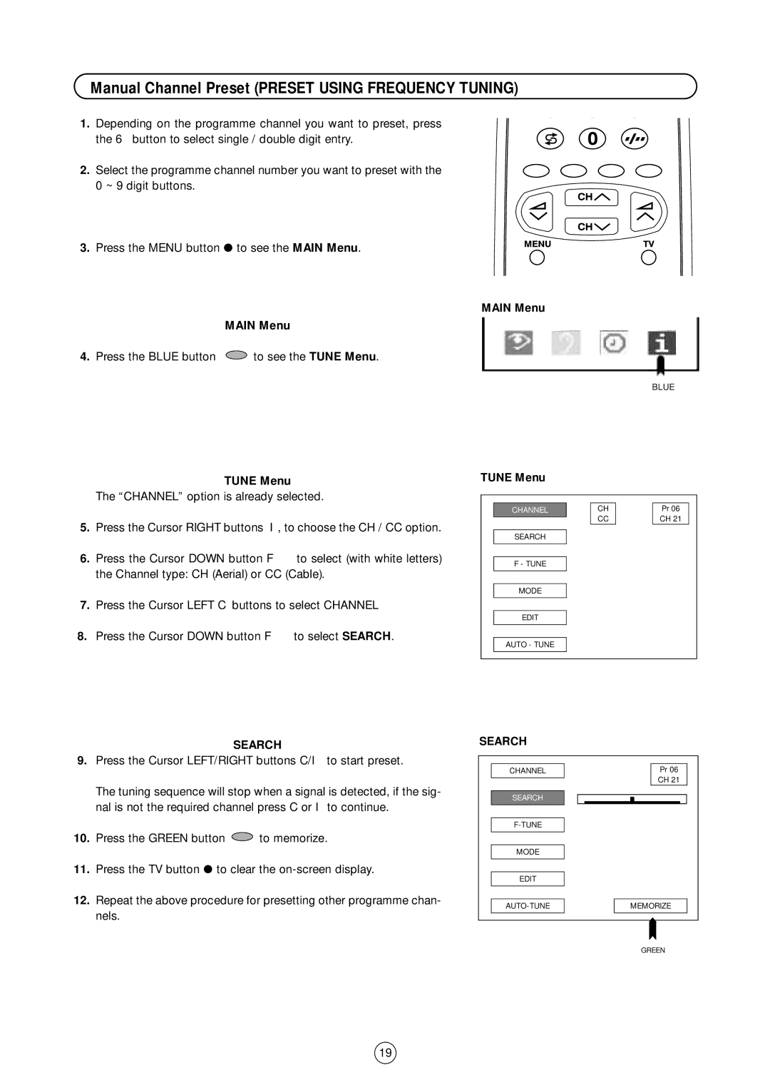 Sharp 54GS-61S operation manual Manual Channel Preset Preset Using Frequency Tuning, Search 