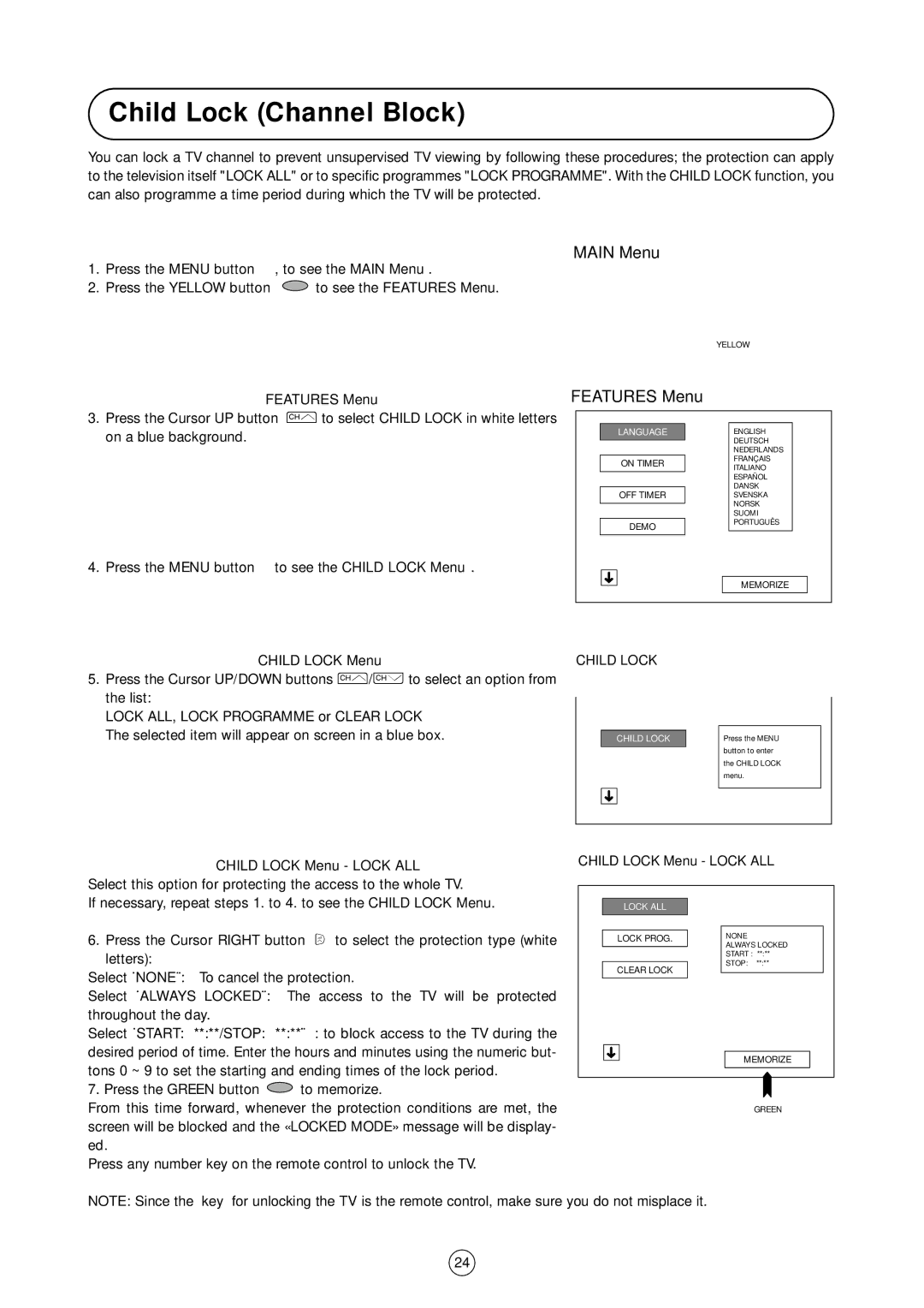 Sharp 54GS-61S operation manual Child Lock Channel Block, Features Menu 