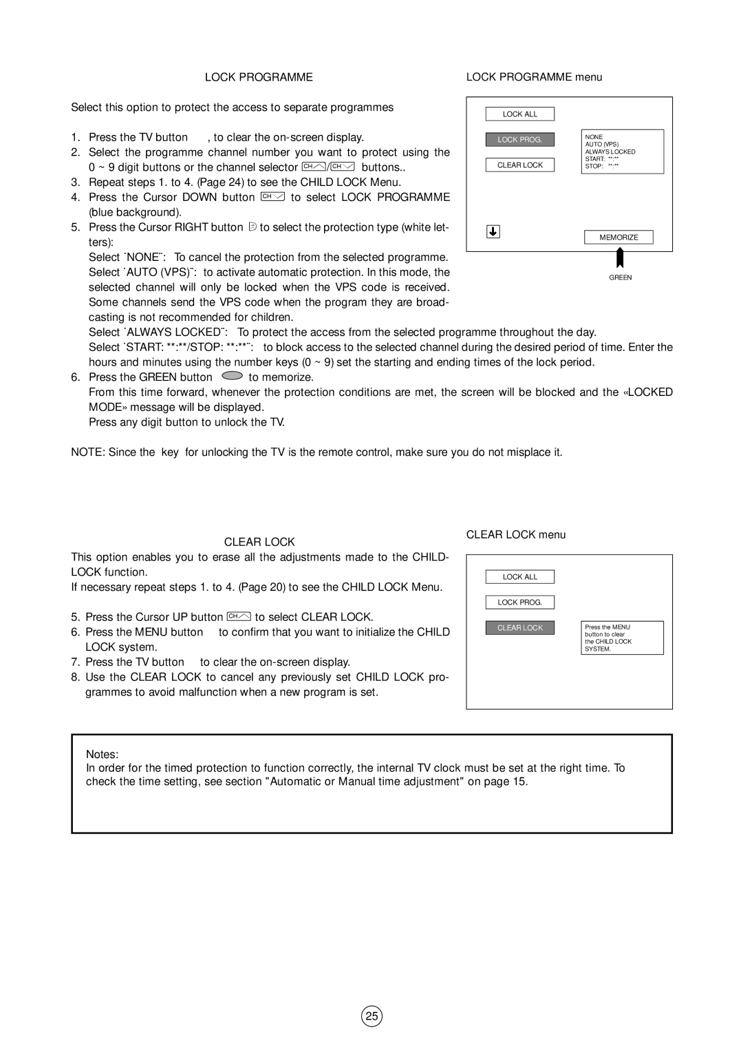 Sharp 54GS-61S operation manual Lock Programme, Clear Lock menu 