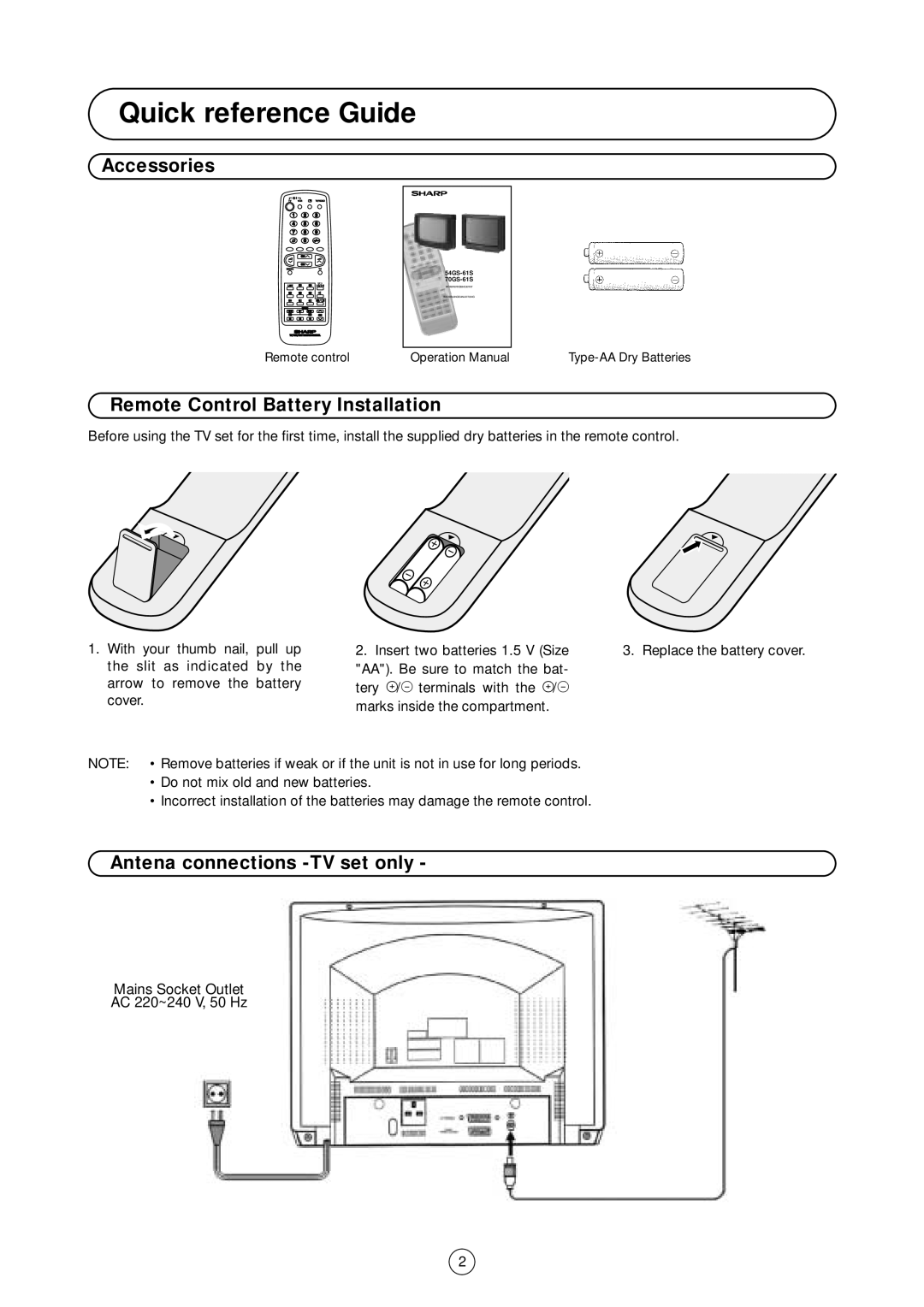 Sharp 54GS-61S Quick reference Guide, Accessories, Remote Control Battery Installation, Antena connections -TV set only 