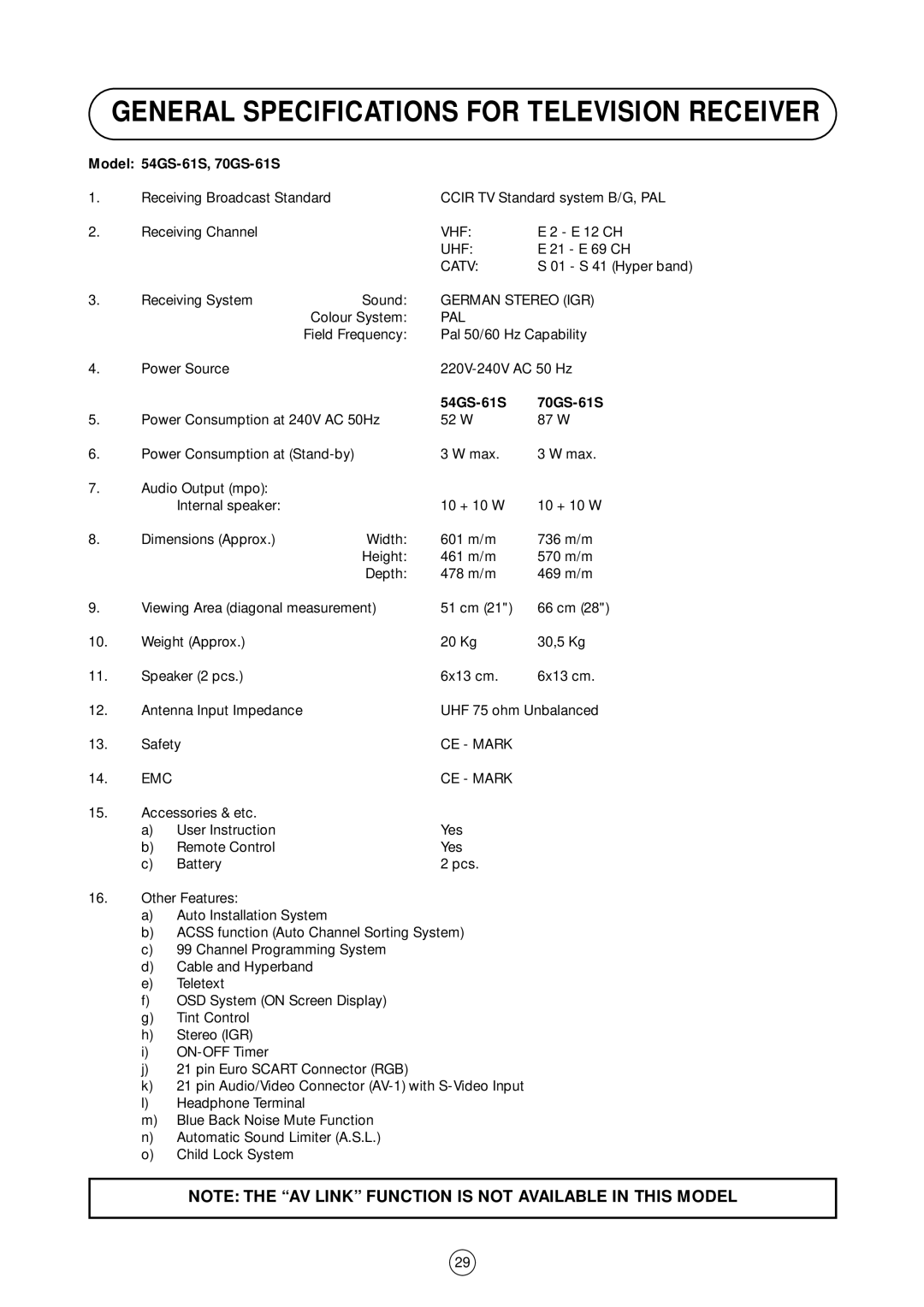 Sharp operation manual General Specifications for Television Receiver, Model 54GS-61S, 70GS-61S 