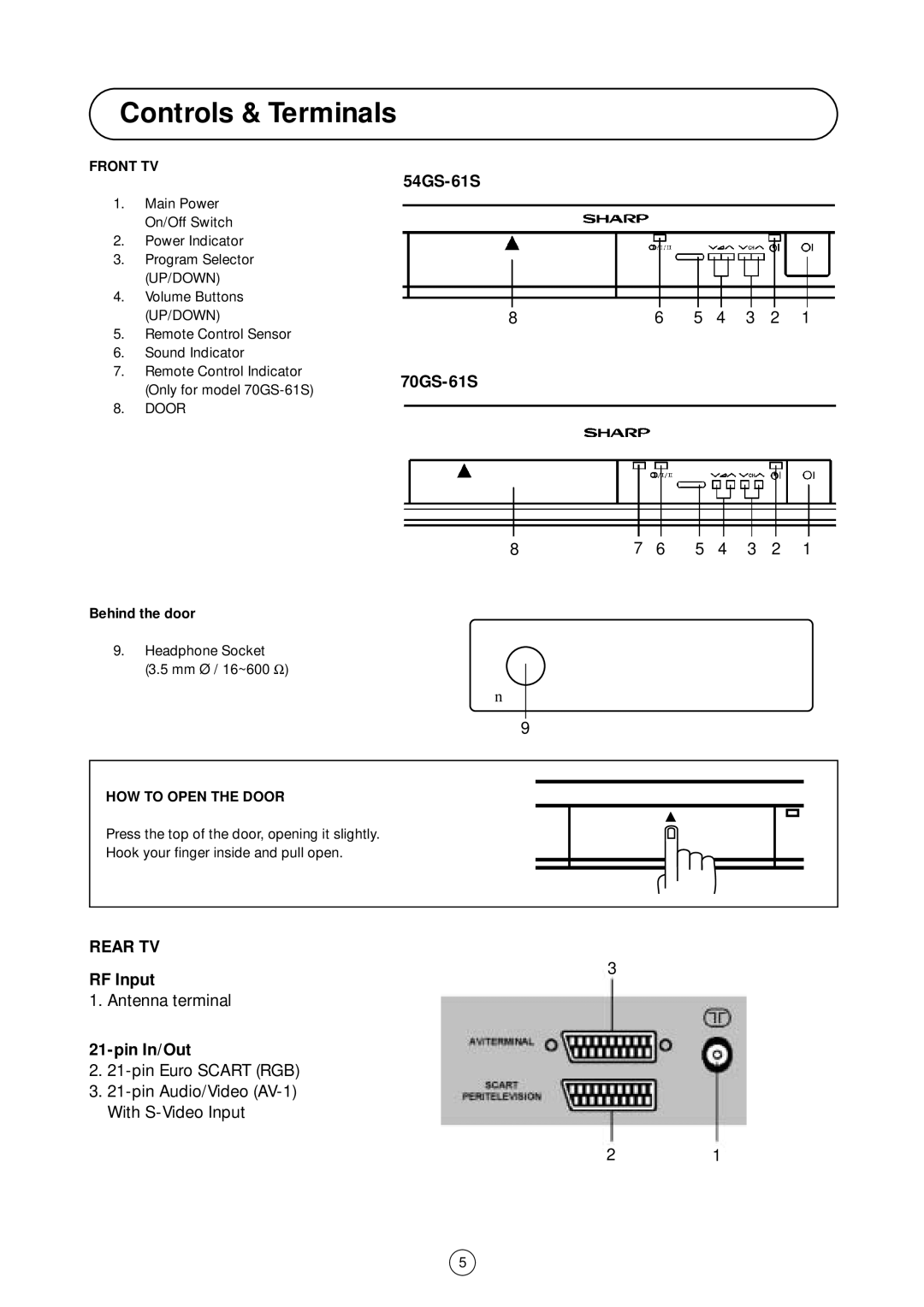 Sharp 54GS-61S operation manual Controls & Terminals, 70GS-61S, RF Input, Pin In/Out 