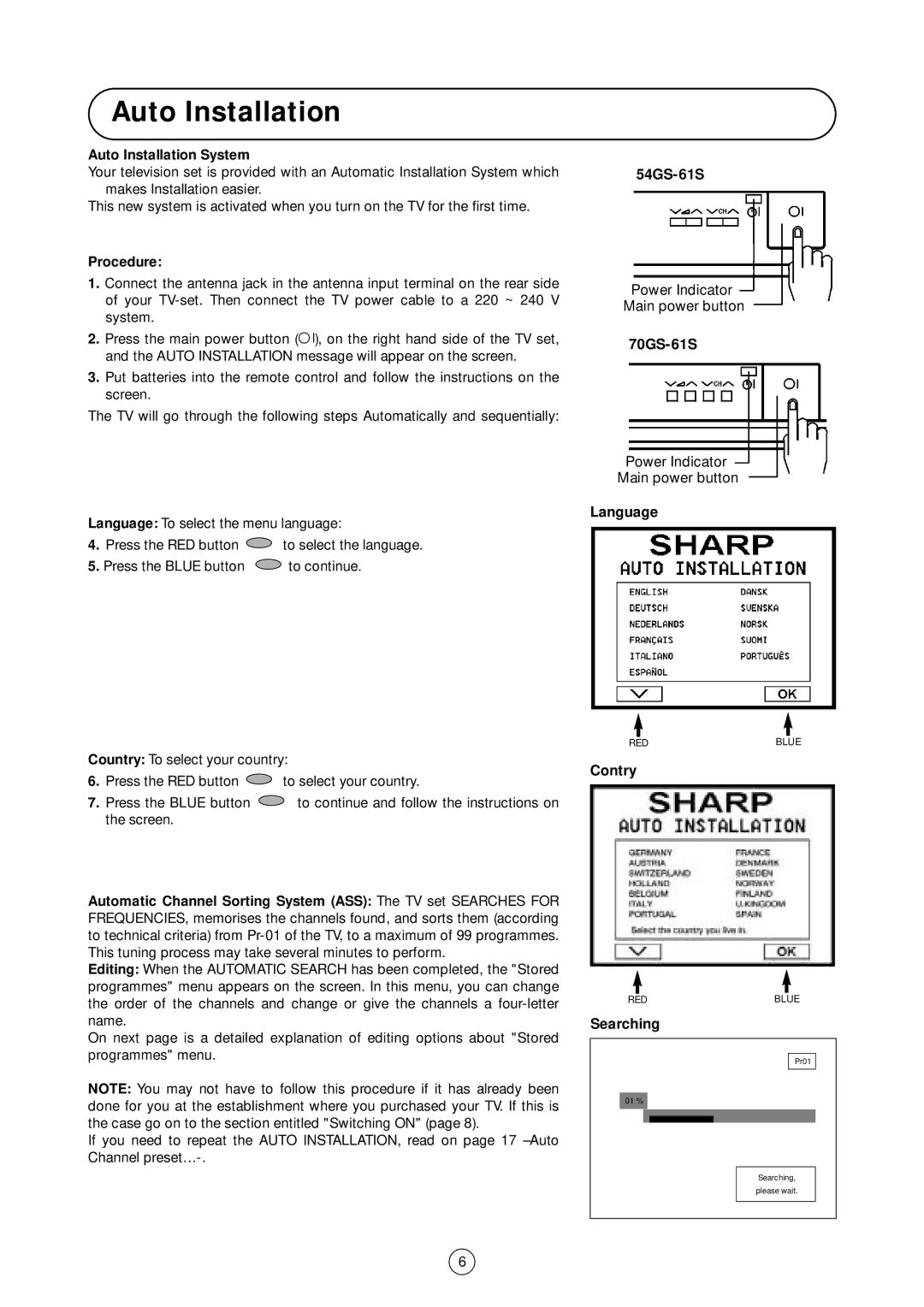 Sharp 54GS-61S operation manual Auto Installation 