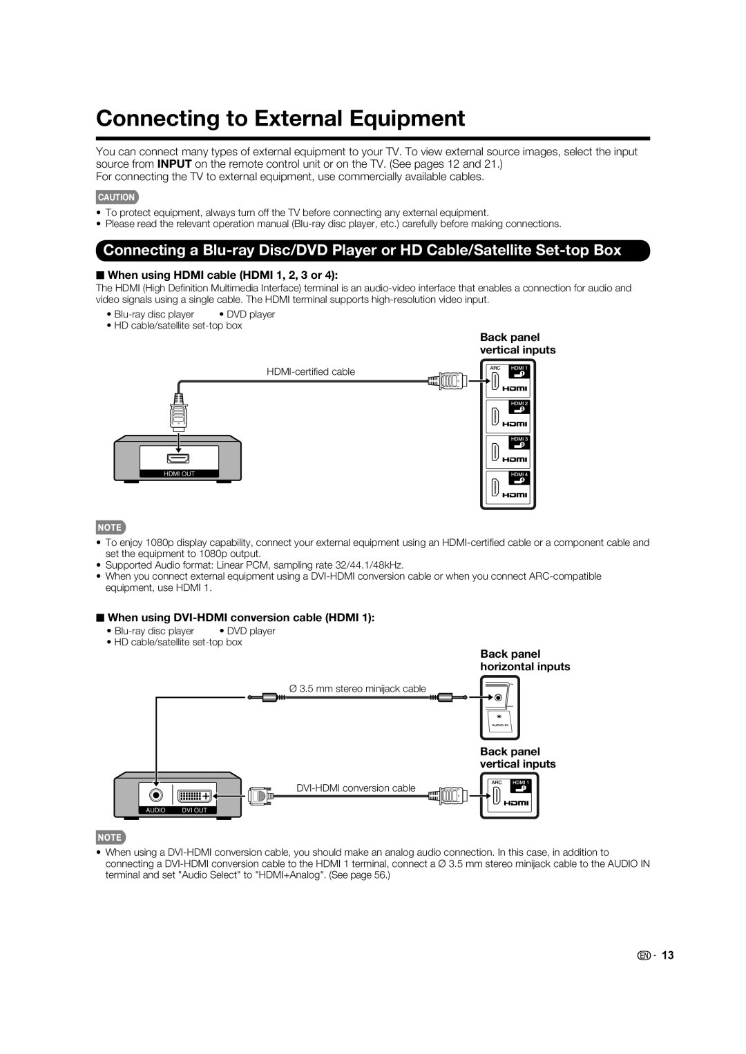 Sharp 60LE633U Connecting to External Equipment, When using Hdmi cable Hdmi 1, 2, 3 or, Back panel vertical inputs 