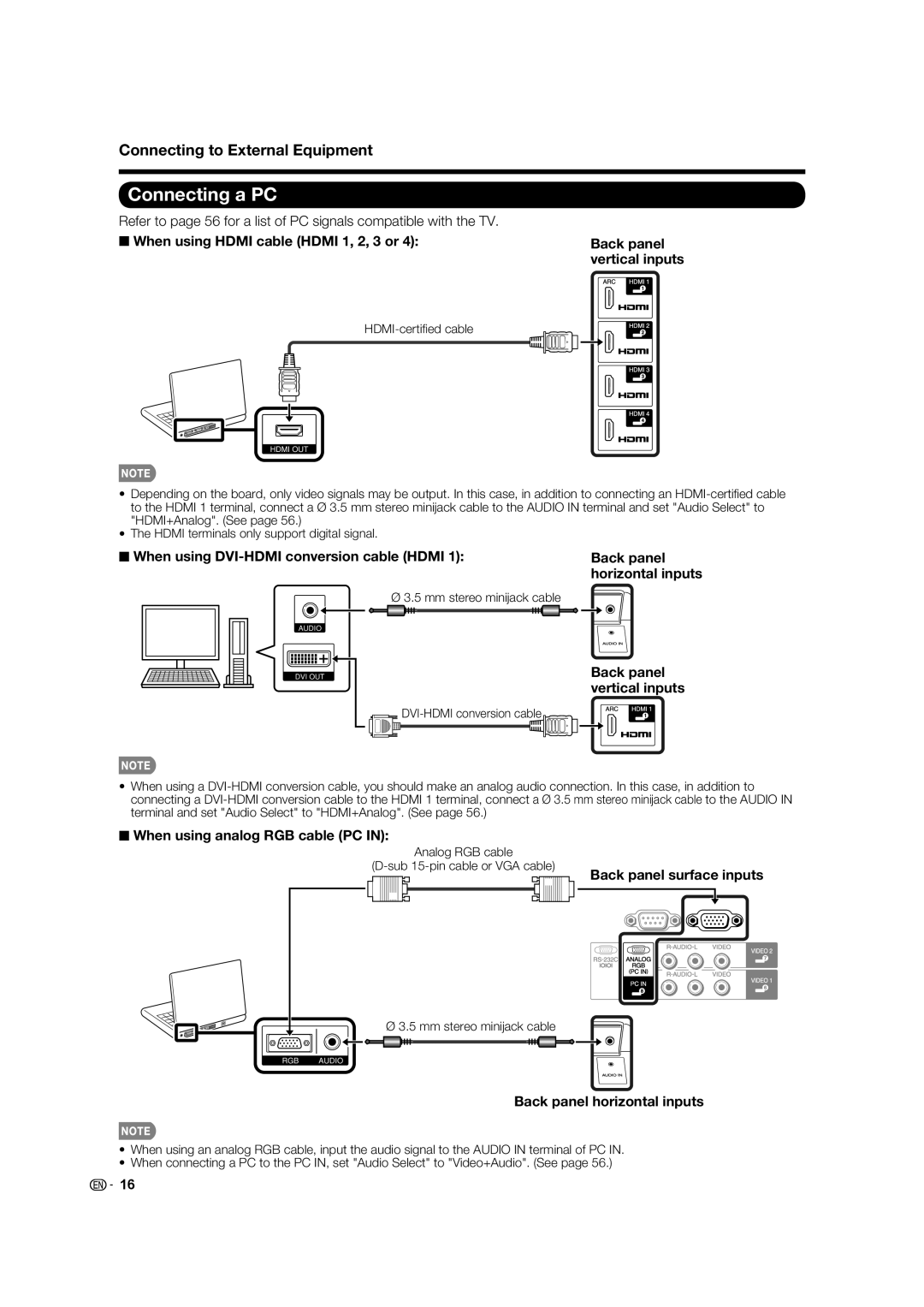 Sharp 60LE633U Connecting a PC, Back panel horizontal inputs Back panel vertical inputs, When using analog RGB cable PC 