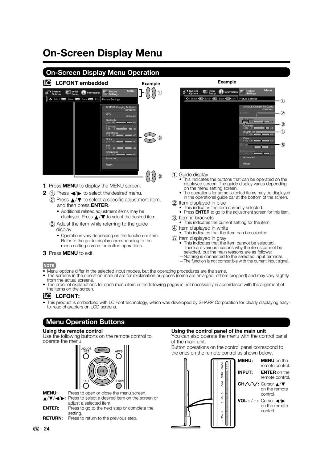 Sharp 60LE633U operation manual On-Screen Display Menu Operation, Menu Operation Buttons, Lcfont embedded 