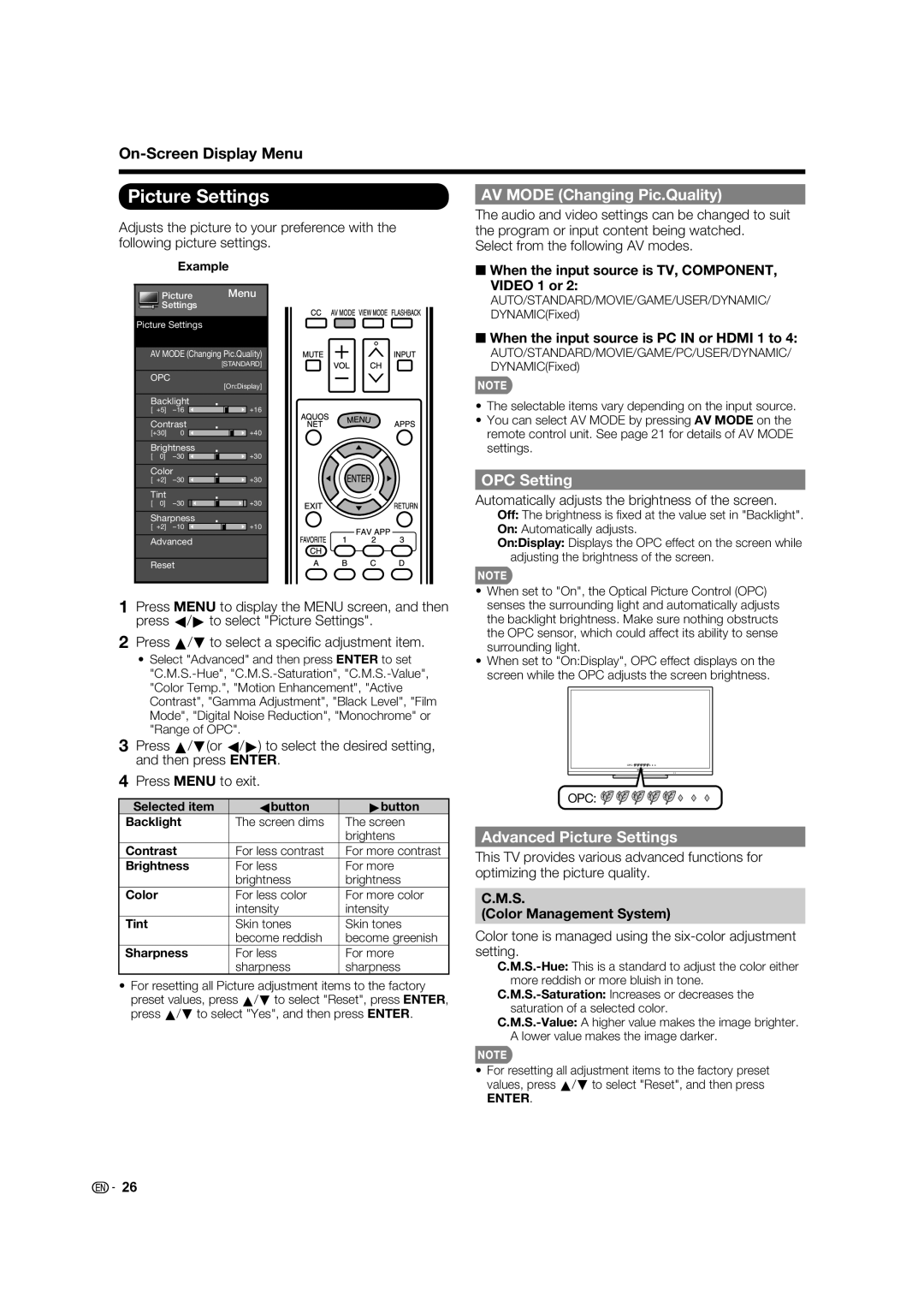 Sharp 60LE633U operation manual AV Mode Changing Pic.Quality, OPC Setting, Advanced Picture Settings 