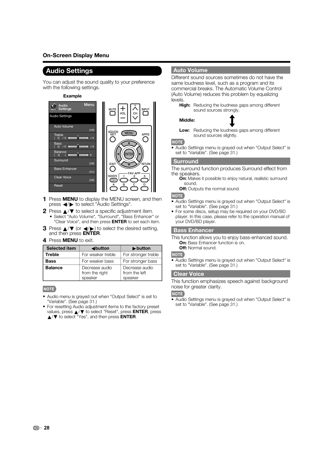 Sharp 60LE633U operation manual Audio Settings, Auto Volume, Surround, Bass Enhancer, Clear Voice 