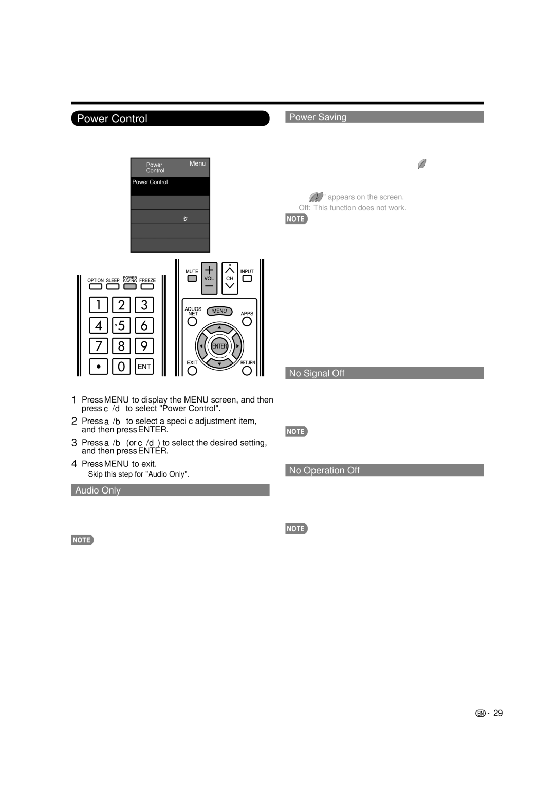 Sharp 60LE633U operation manual Power Control, Power Saving, No Signal Off, Audio Only, No Operation Off 