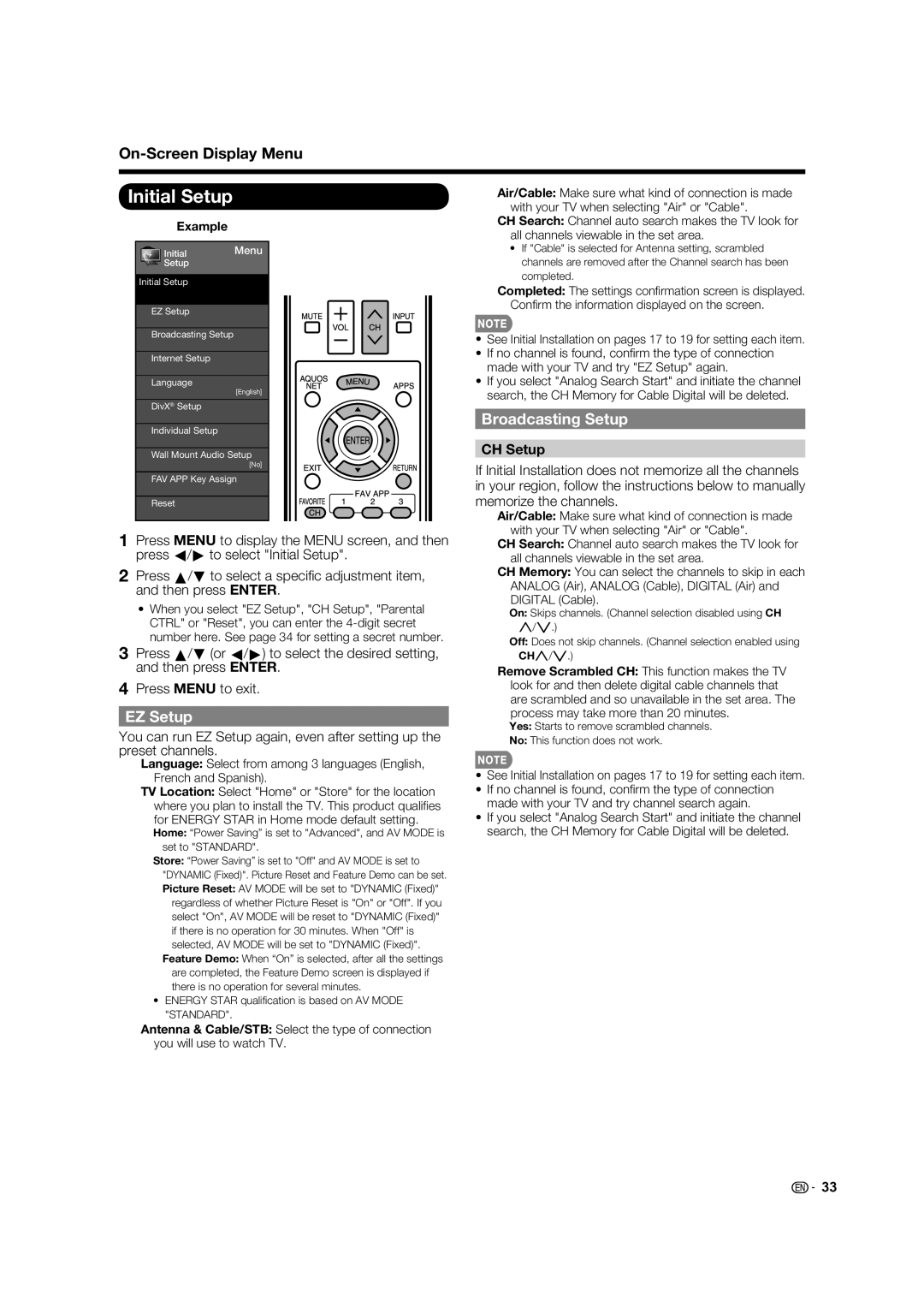 Sharp 60LE633U operation manual Initial Setup, EZ Setup, Broadcasting Setup, CH Setup 