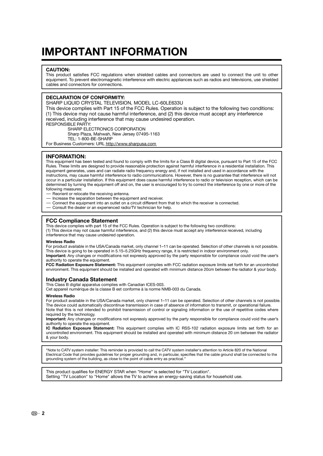 Sharp 60LE633U operation manual FCC Compliance Statement, Industry Canada Statement 