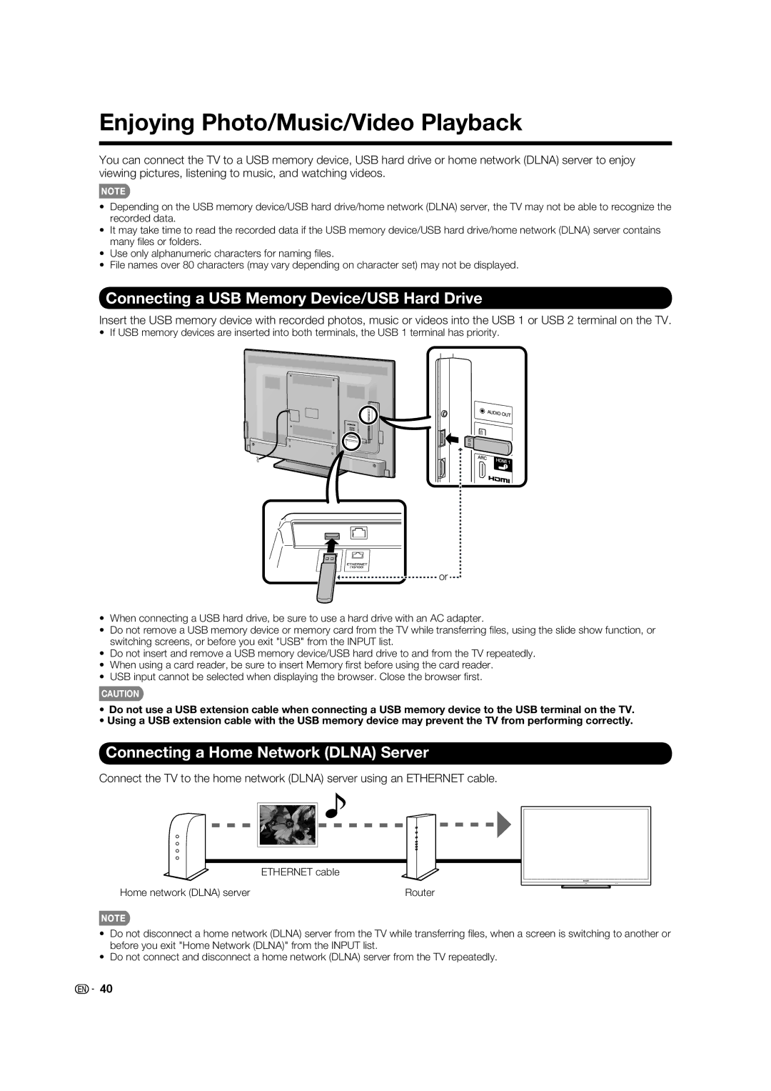 Sharp 60LE633U operation manual Enjoying Photo/Music/Video Playback, Connecting a USB Memory Device/USB Hard Drive 