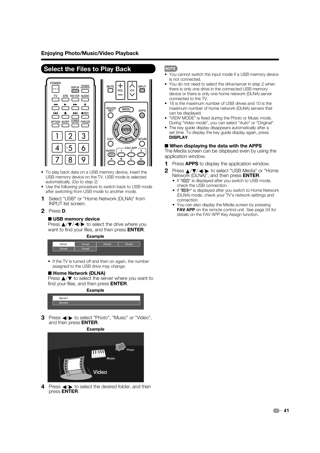 Sharp 60LE633U Select the Files to Play Back, Enjoying Photo/Music/Video Playback, USB memory device, Home Network Dlna 