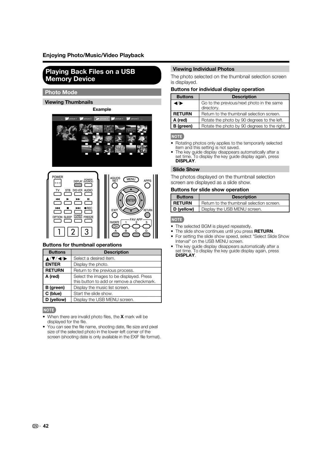 Sharp 60LE633U operation manual Playing Back Files on a USB Memory Device, Photo Mode 