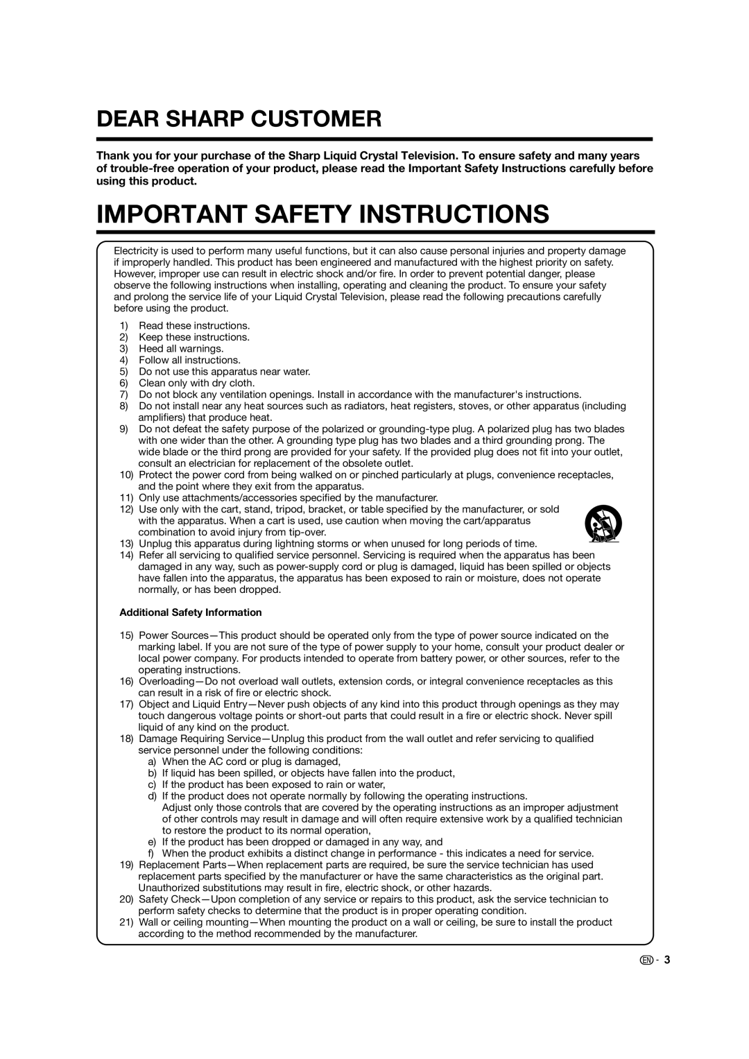 Sharp 60LE633U operation manual Dear Sharp Customer, Additional Safety Information 