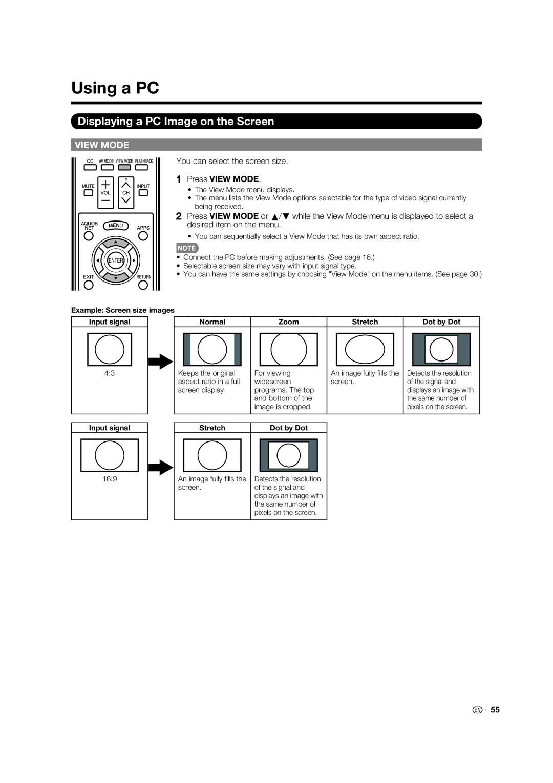 Sharp 60LE633U operation manual Using a PC, Displaying a PC Image on the Screen, Stretch Dot by Dot 