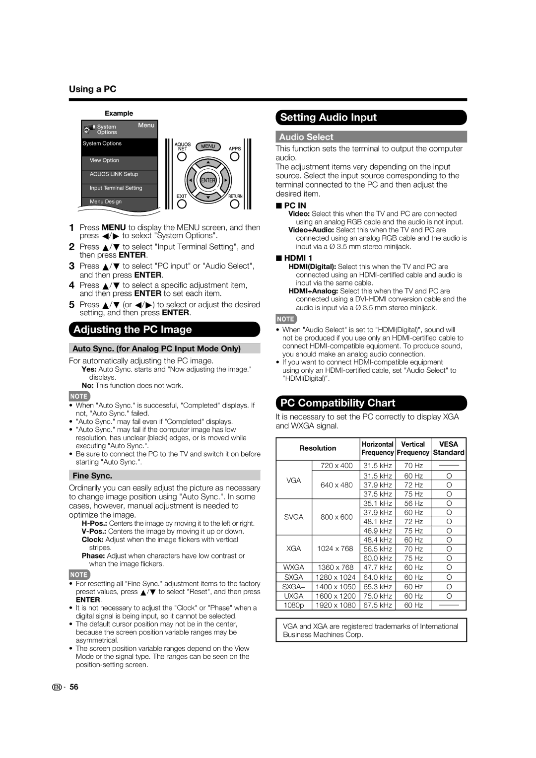 Sharp 60LE633U Adjusting the PC Image, Setting Audio Input, PC Compatibility Chart, Using a PC, Audio Select 