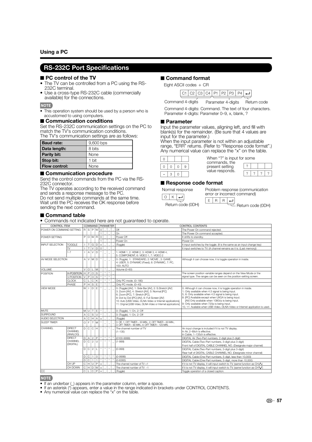 Sharp 60LE633U operation manual RS-232C Port Speciﬁcations 