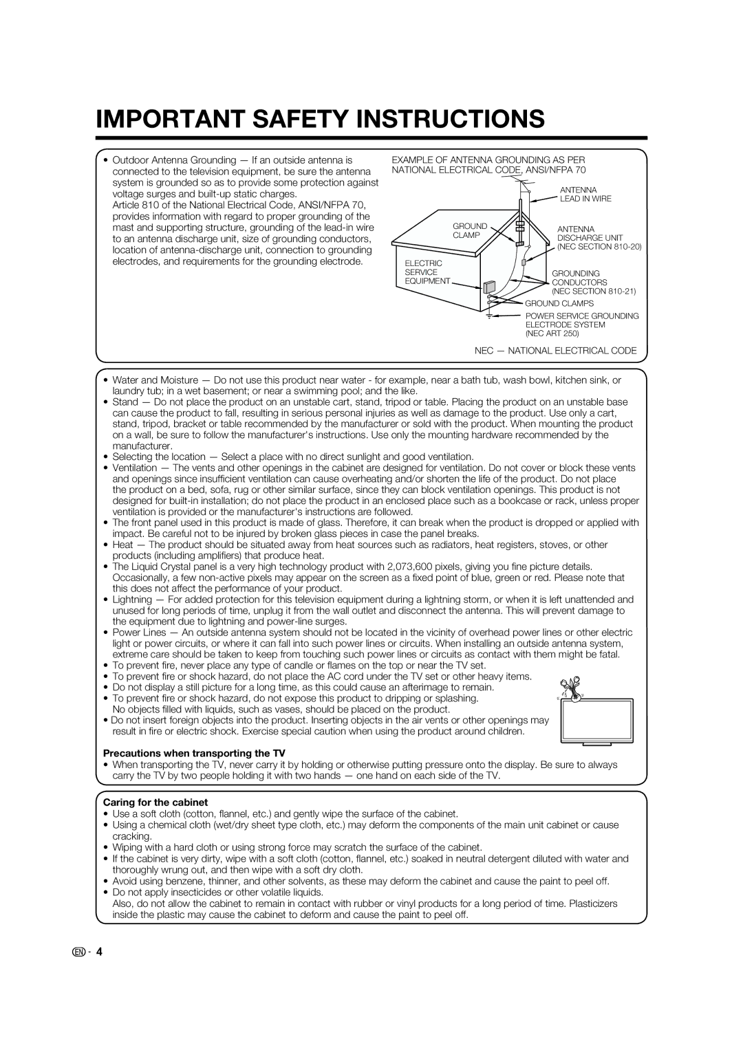 Sharp 60LE633U operation manual Precautions when transporting the TV, Caring for the cabinet 