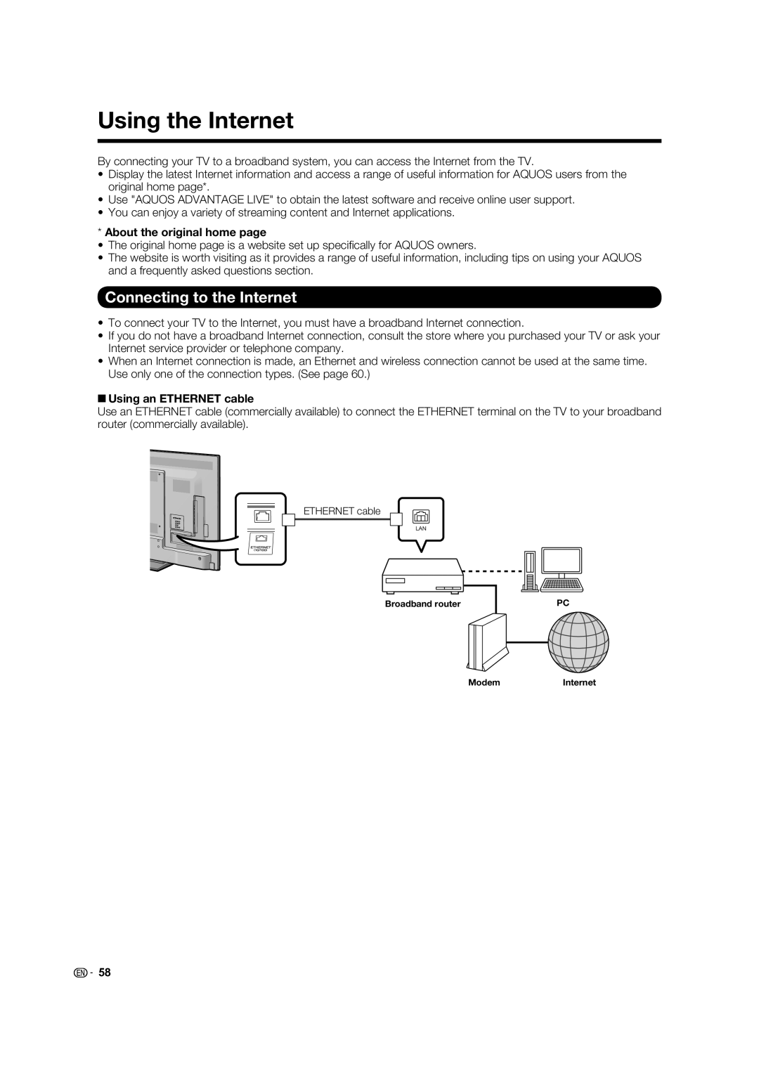 Sharp 60LE633U Using the Internet, Connecting to the Internet, About the original home, +Using an Ethernet cable 