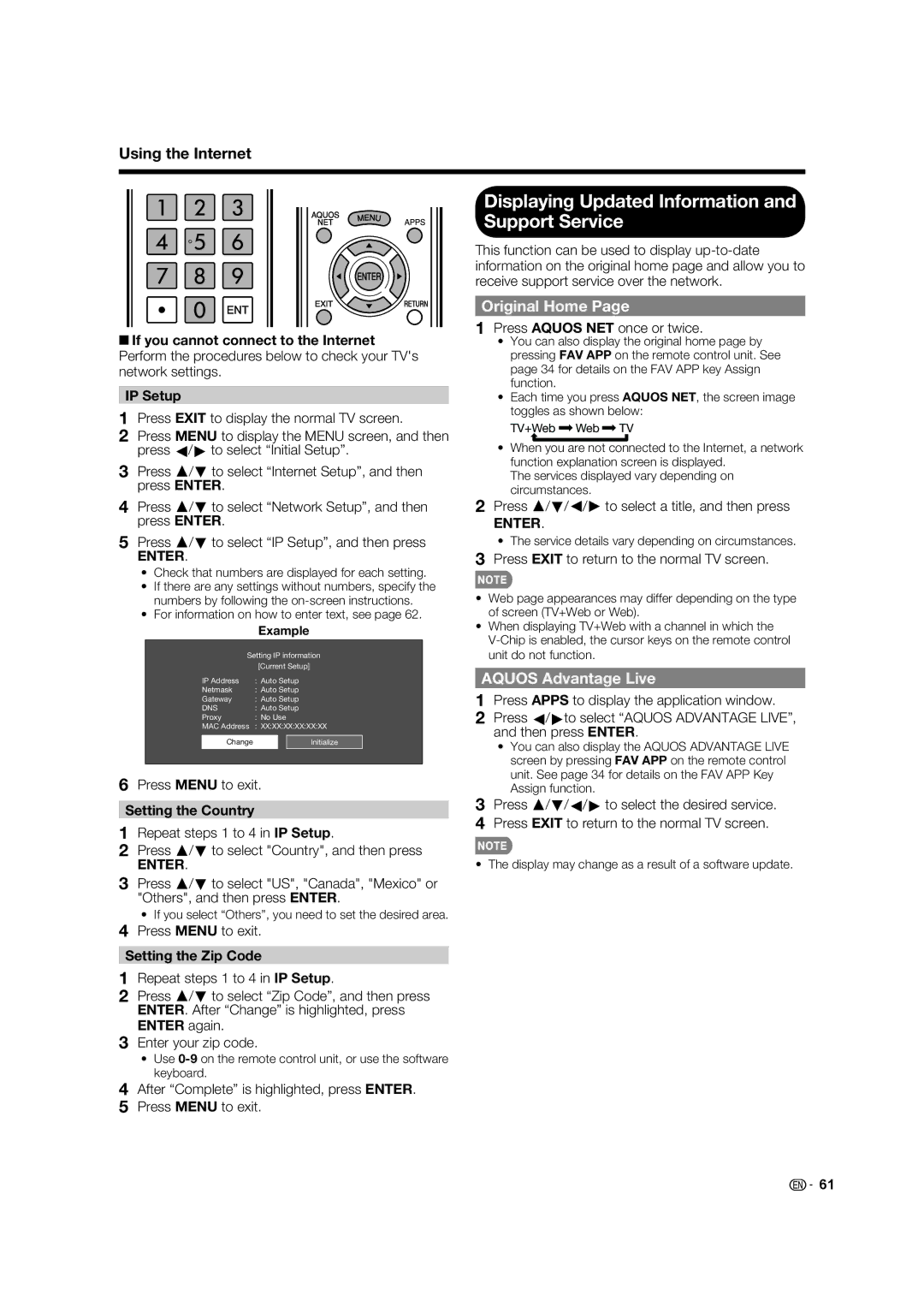 Sharp 60LE633U operation manual Displaying Updated Information and Support Service, Original Home, Aquos Advantage Live 