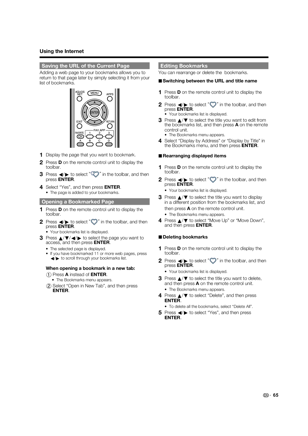 Sharp 60LE633U operation manual Saving the URL of the Current, Opening a Bookmarked, Editing Bookmarks 