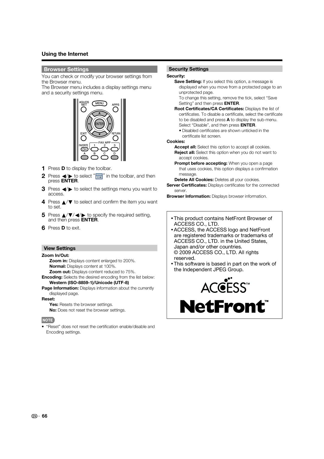 Sharp 60LE633U operation manual Browser Settings, Security Settings, View Settings 