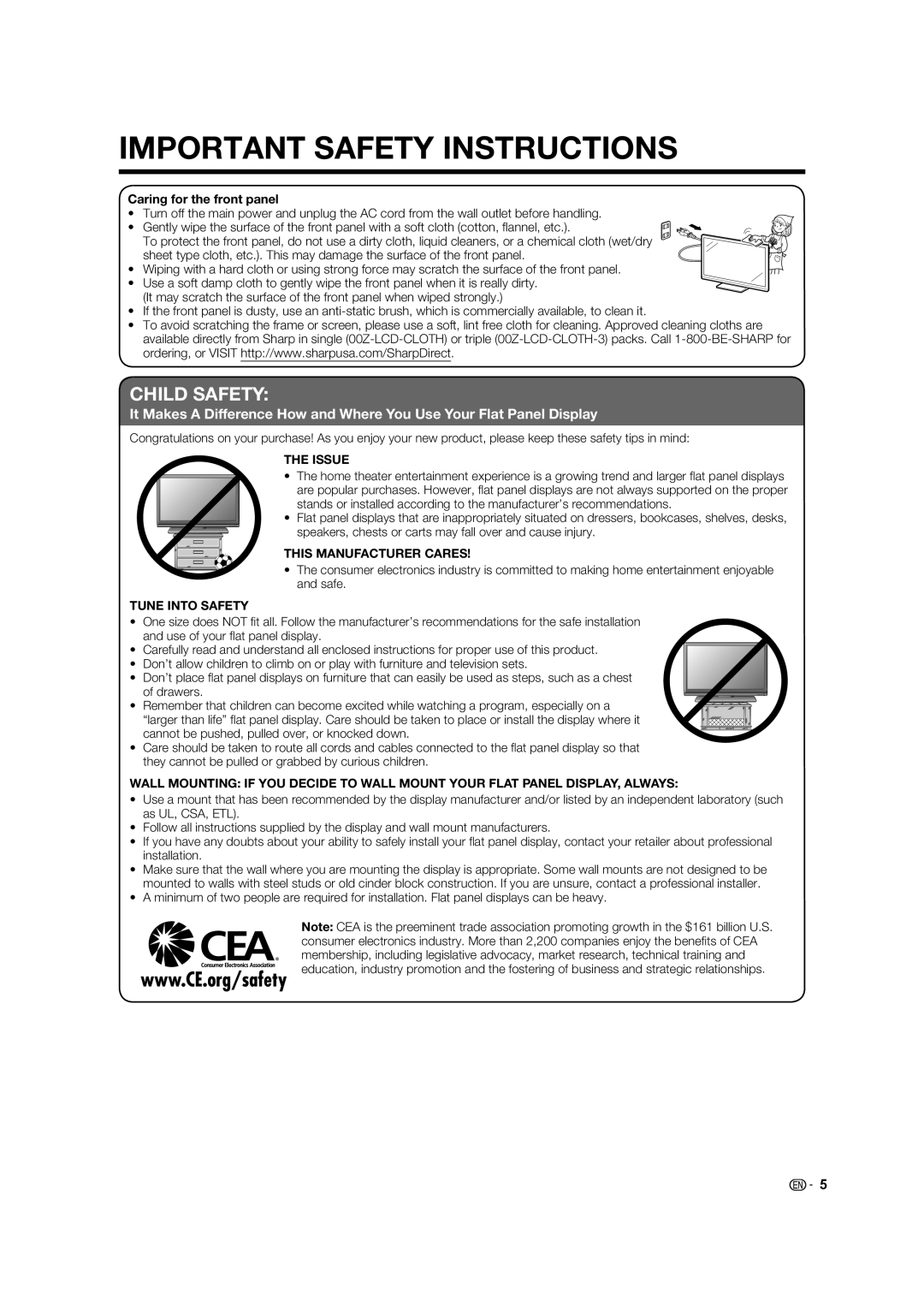 Sharp 60LE633U operation manual Child Safety, Caring for the front panel 