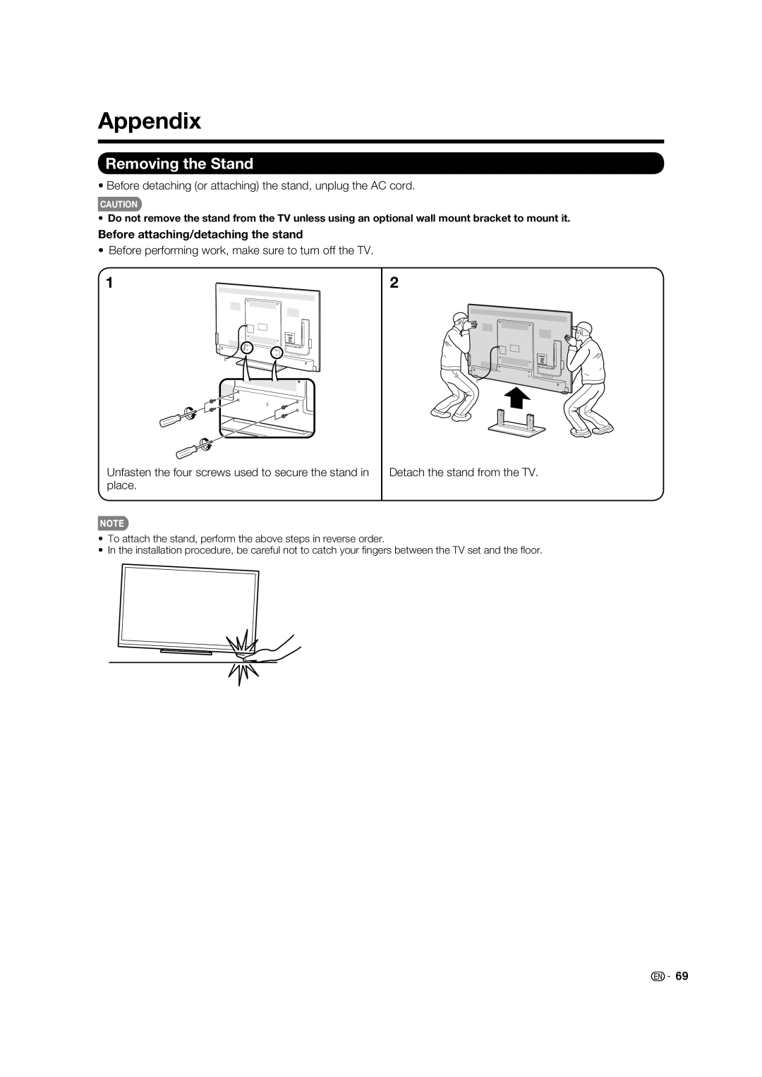 Sharp 60LE633U operation manual Appendix, Removing the Stand, Before detaching or attaching the stand, unplug the AC cord 