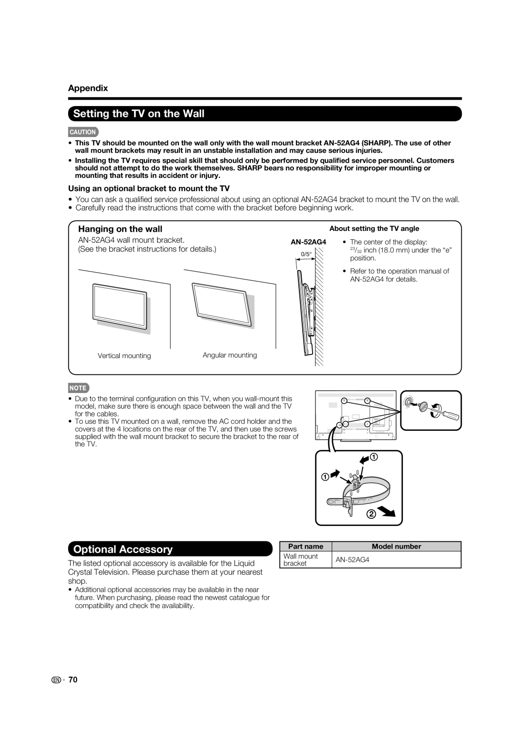 Sharp 60LE633U operation manual Setting the TV on the Wall, Optional Accessory, Appendix, Hanging on the wall 