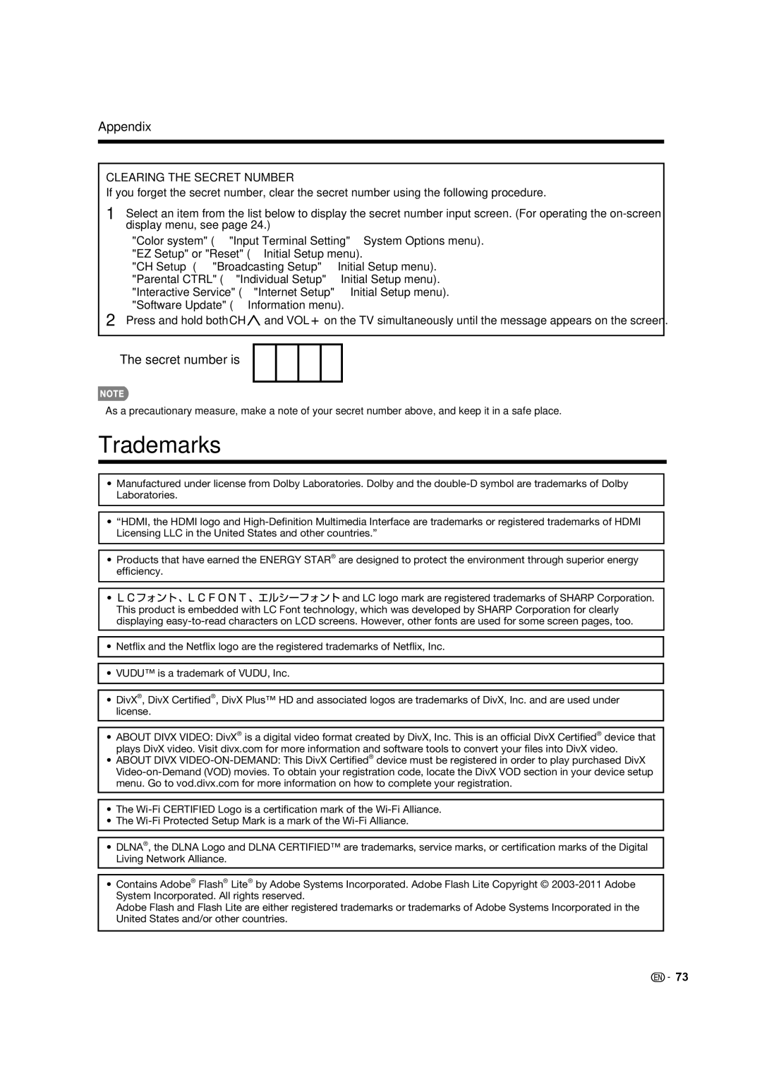 Sharp 60LE633U operation manual Trademarks, Secret number is 