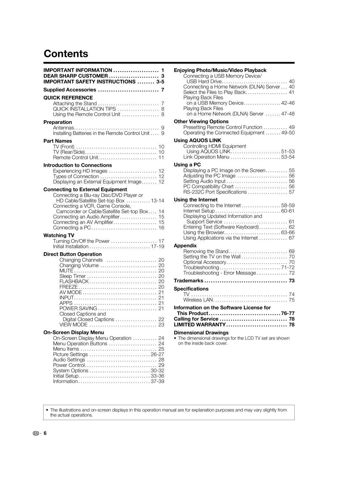 Sharp 60LE633U operation manual Contents 