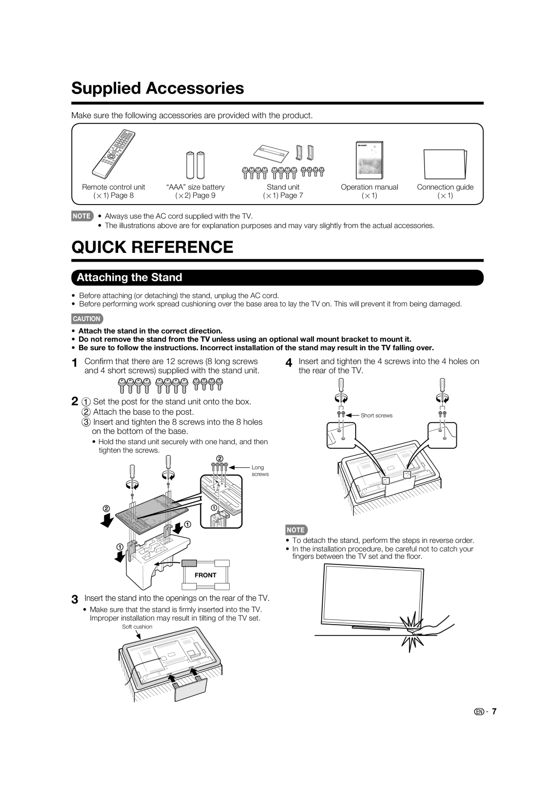 Sharp 60LE633U operation manual Supplied Accessories, Attaching the Stand 