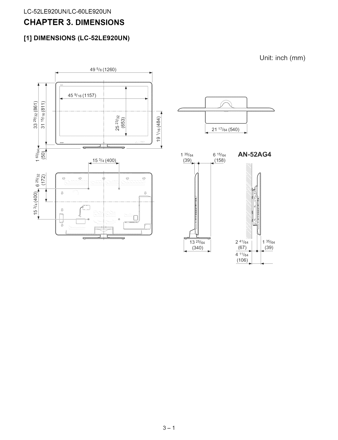 Sharp 60LE920UN service manual Dimensions LC-52LE920UN 