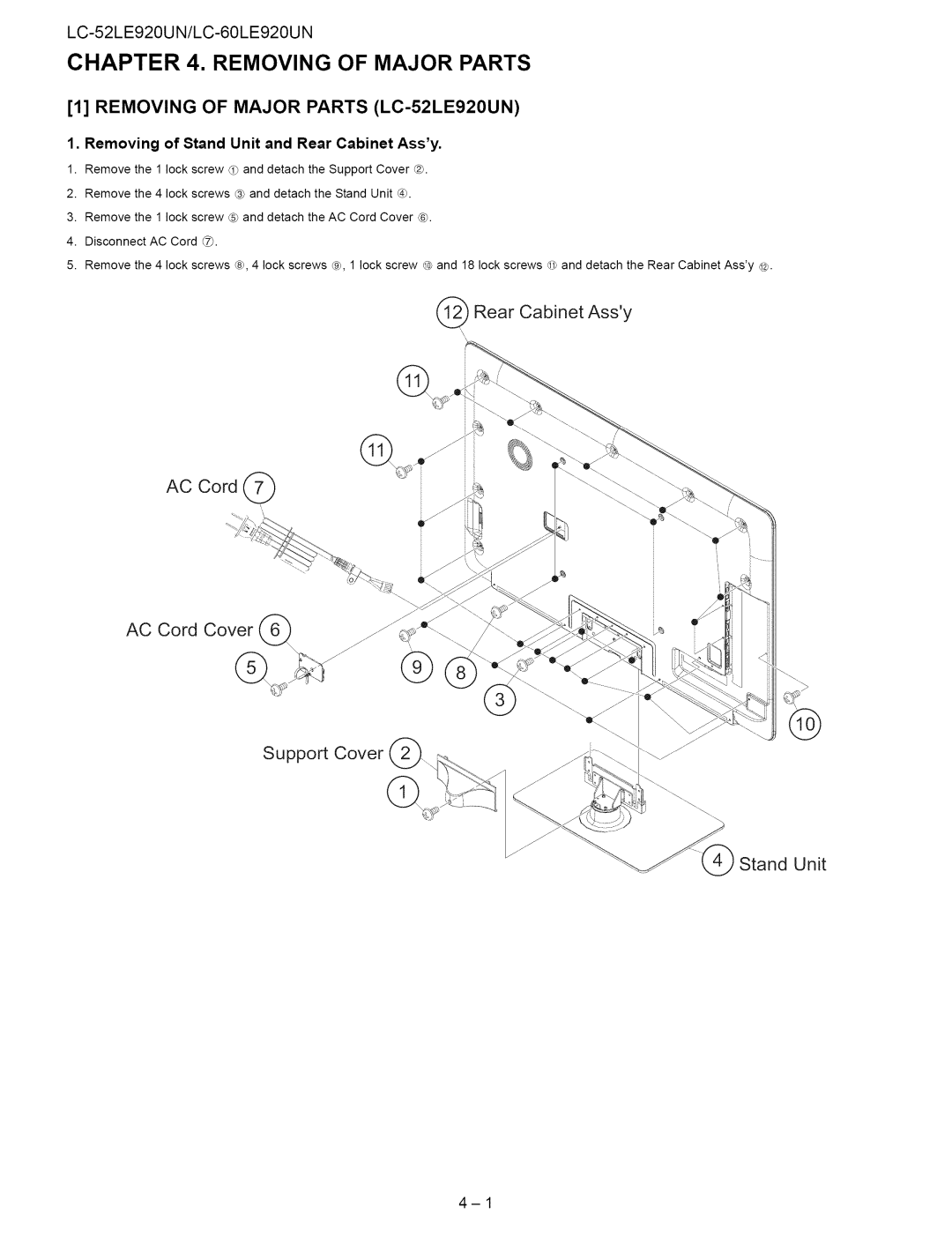 Sharp 60LE920UN service manual Removing of Major Parts LC-52LE920UN, Removing of Stand Unit and Rear Cabinet Assy 