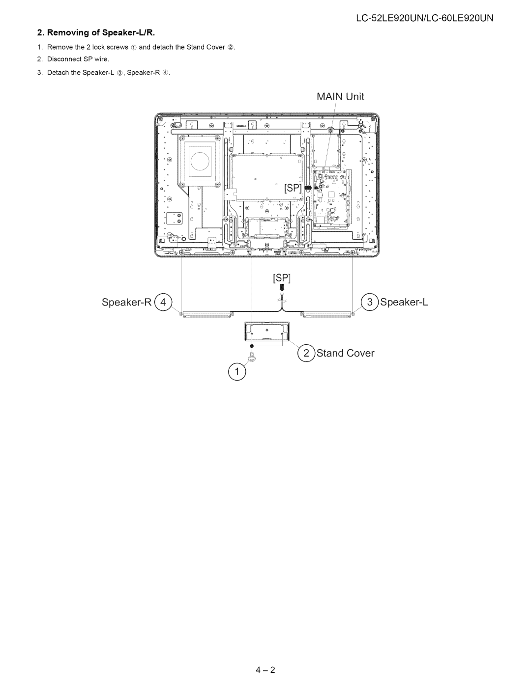 Sharp 52LE920UN, 60LE920UN service manual MAiN Unit Speaker-R Speaker-L Cover, Removing of Speaker-L/R 