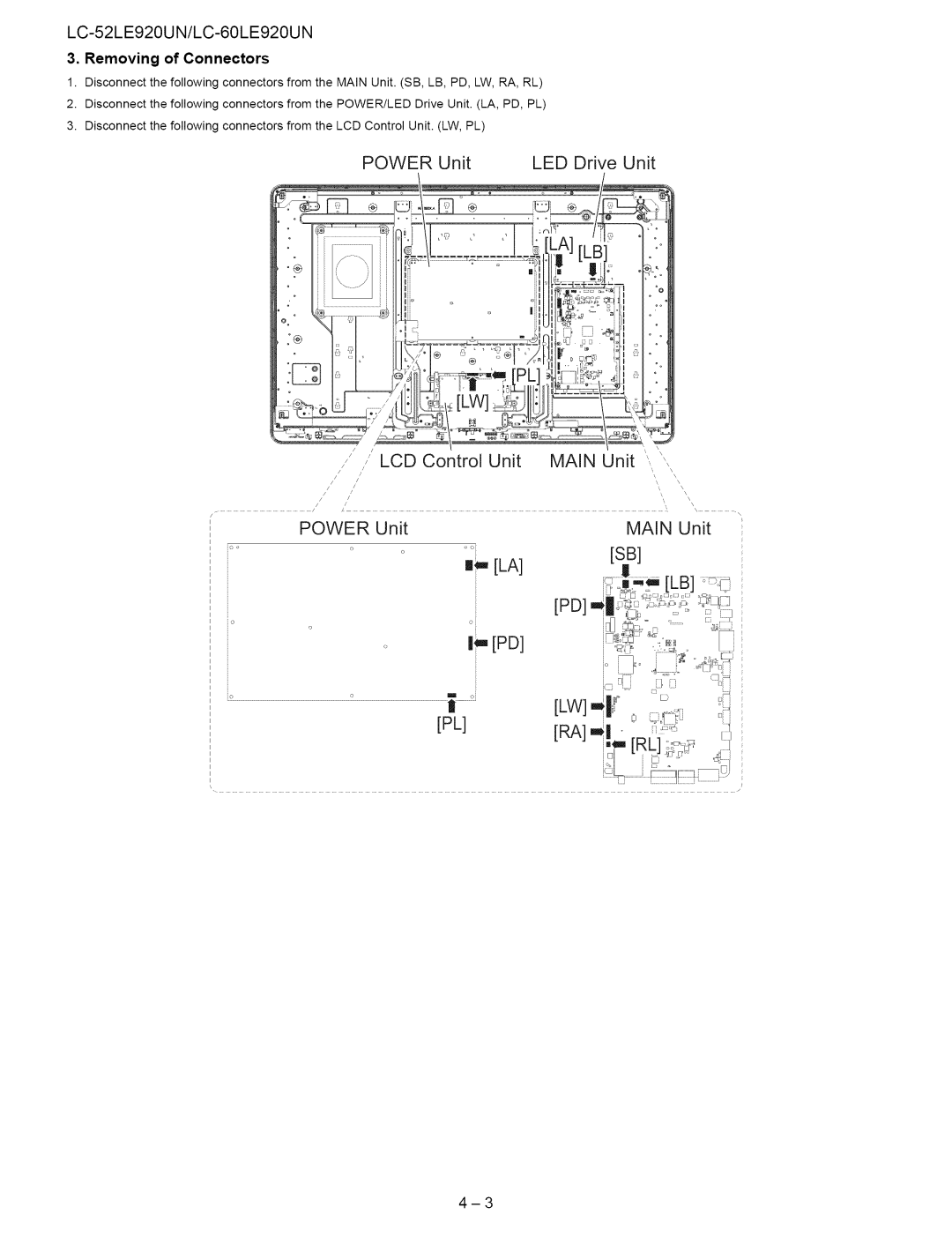 Sharp 60LE920UN, 52LE920UN service manual Power Unit Main Unit, Removing of Connectors 