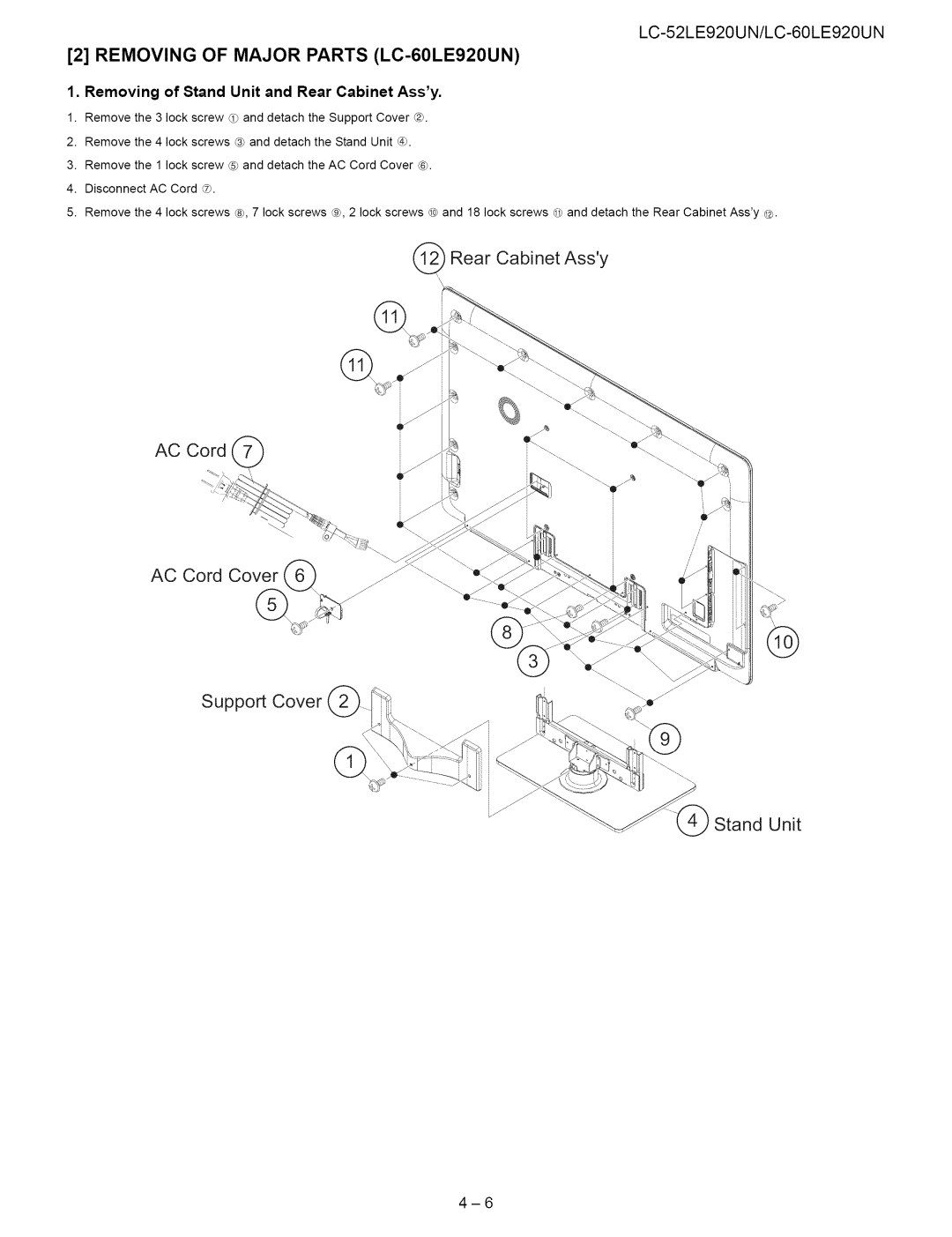 Sharp 52LE920UN service manual Removing of Major Parts LC-60LE920UN, Removing of Stand Unit and Rear Cabinet Assy 