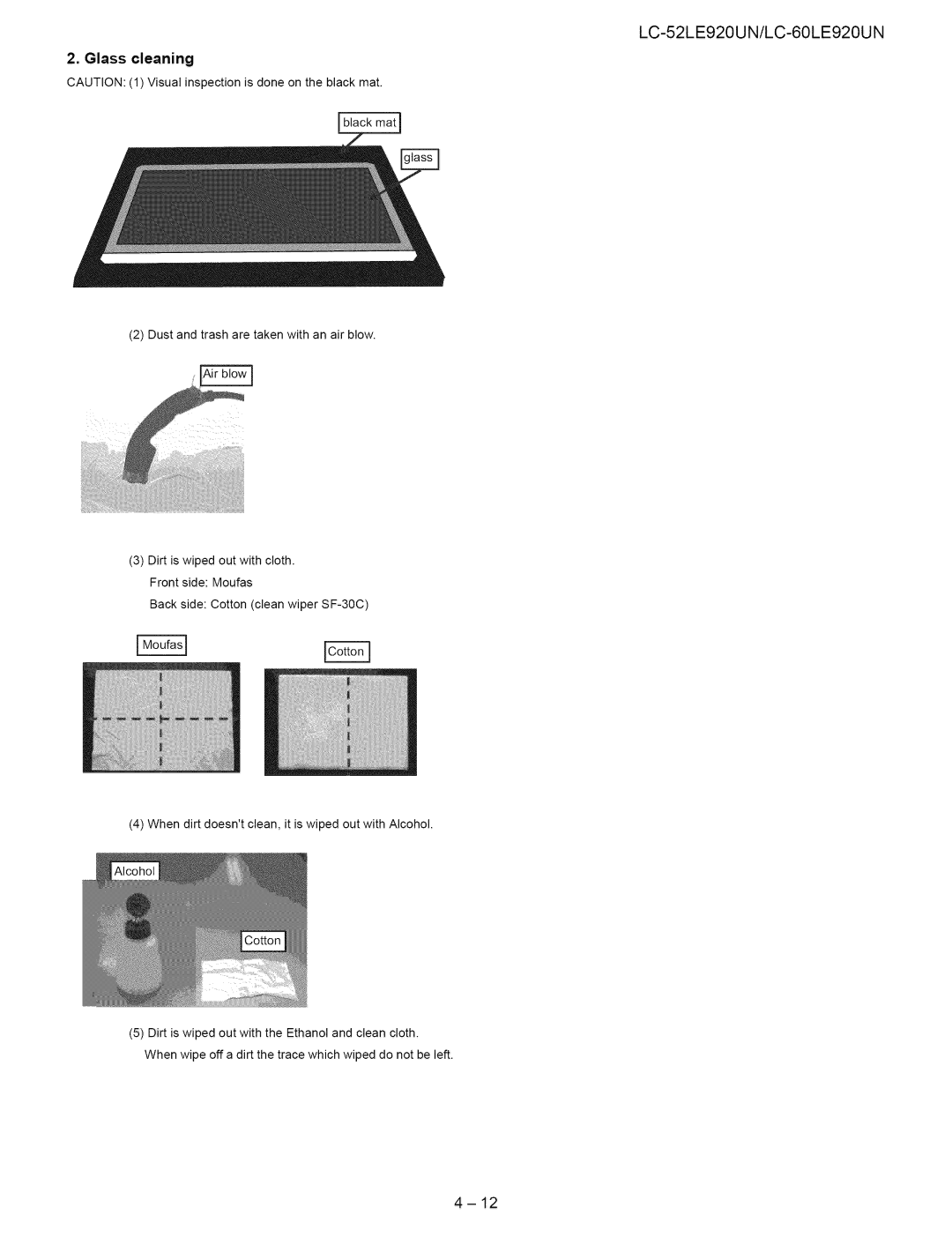 Sharp 52LE920UN, 60LE920UN service manual Glass cleaning 