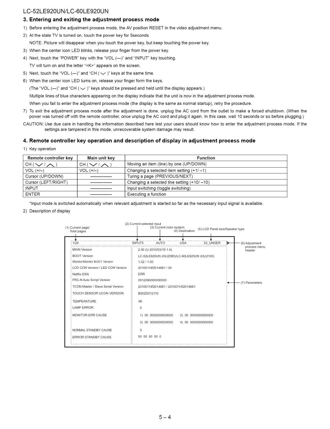 Sharp 60LE920UN, 52LE920UN Entering and exiting the adjustment process mode, Remote Controller key Main Unit Key, Up/Down 