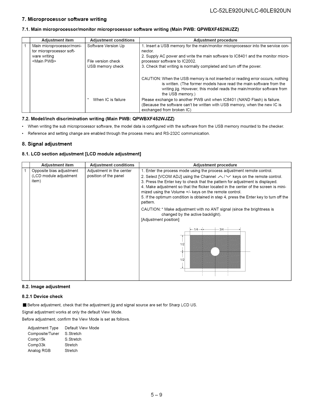 Sharp 52LE920UN, 60LE920UN service manual Signal adjustment, Adjustment item Adjustment conditions, Adjustment procedure 