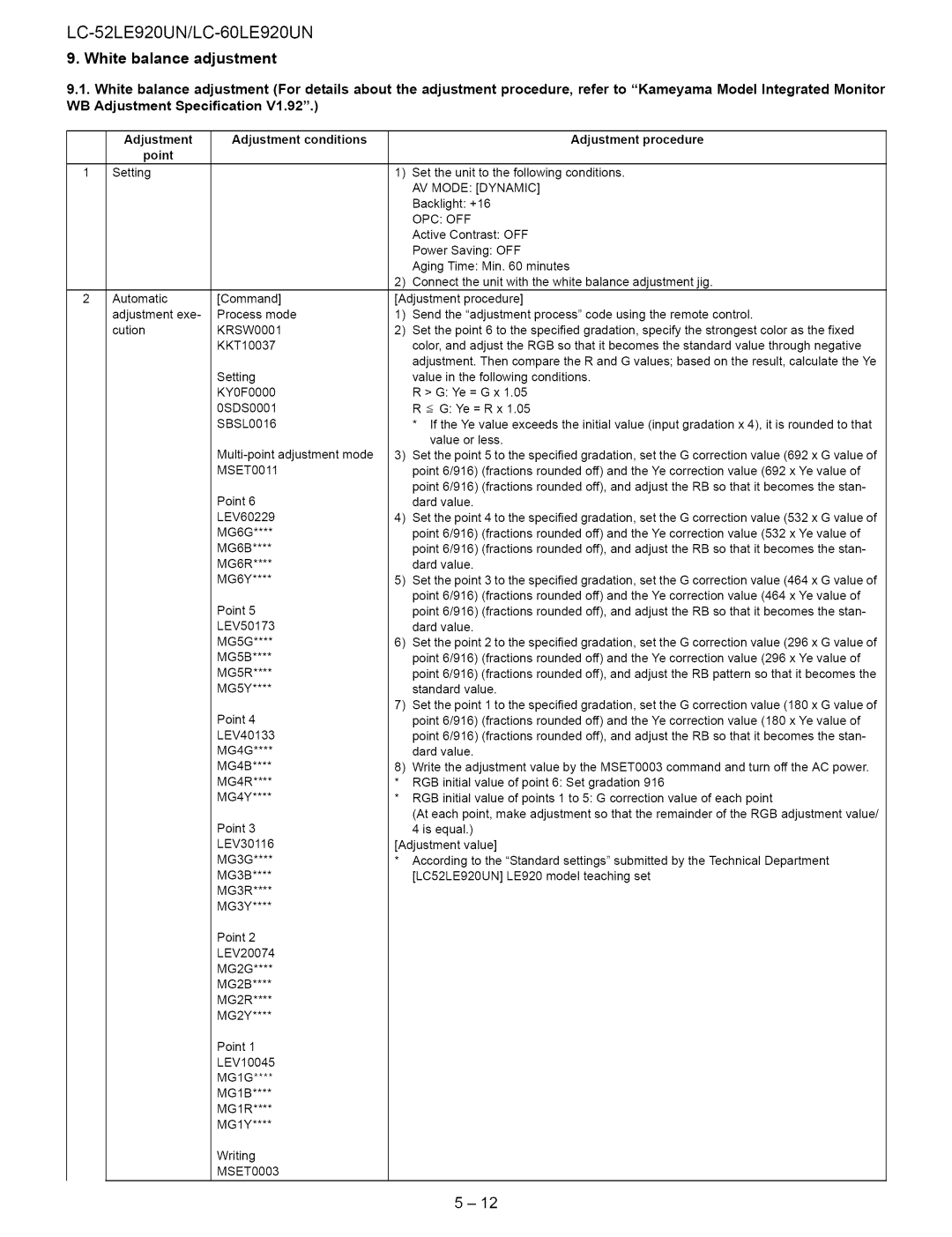 Sharp 60LE920UN, 52LE920UN service manual AdjustmentAdjustment conditions point, AV Mode Dynamic, Opc Off 