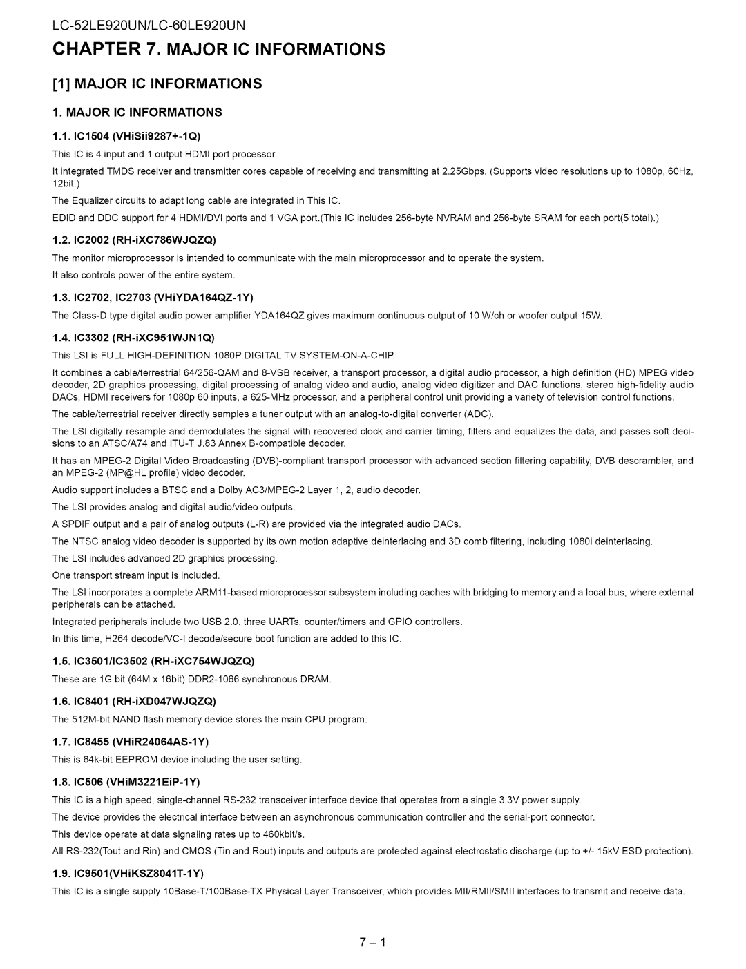 Sharp 60LE920UN, 52LE920UN service manual Major IC Informations, IC1504 VHiSii9287+-1Q 