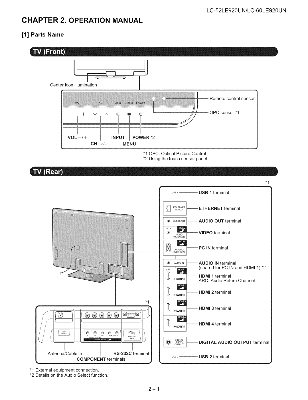 Sharp 52LE920UN, 60LE920UN service manual Parts Name, Auo,O 