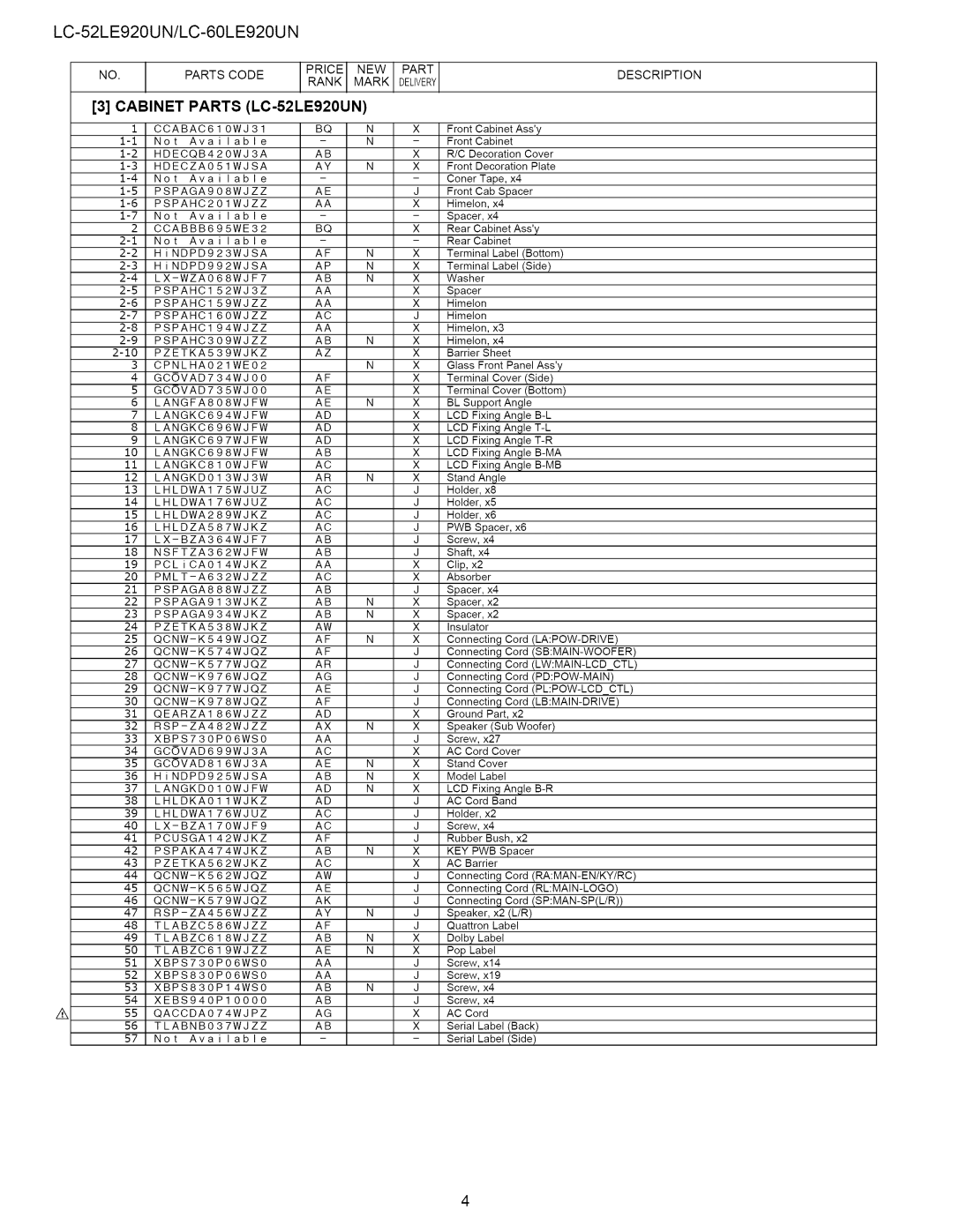 Sharp 60LE920UN service manual Cabinet Parts LC-52LE920UN 