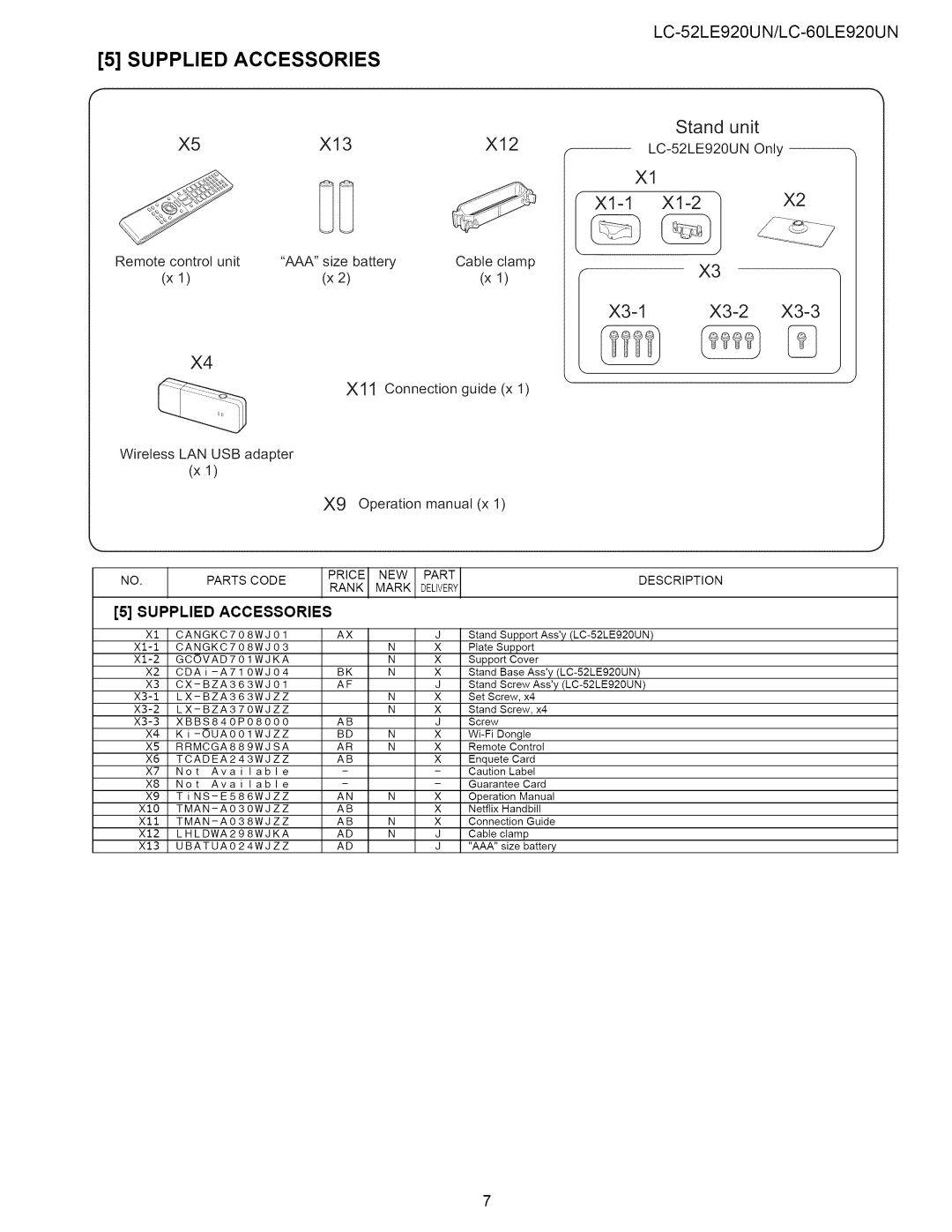 Sharp 52LE920UN, 60LE920UN service manual Supplied Accessories, Parts Code Price NEW Description Rank Mark Delvery 